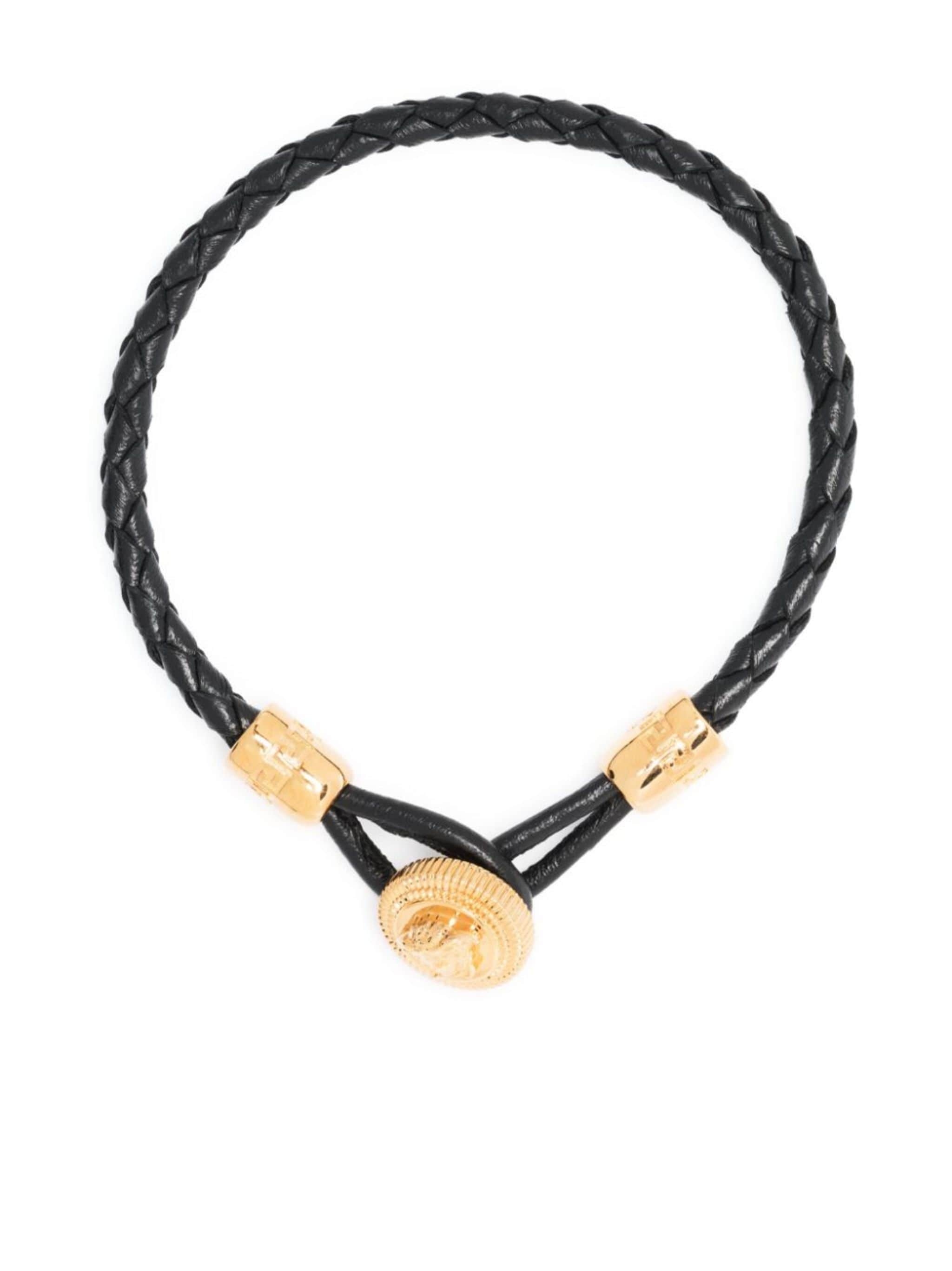 VERSACE｜FASHION PROPS (MEDUSA BIGGIE BRAIDED LEATHER BR VERSACE BLACK & GOLD MEDUSA BRAIDED LEATHER BRACELET. EUC