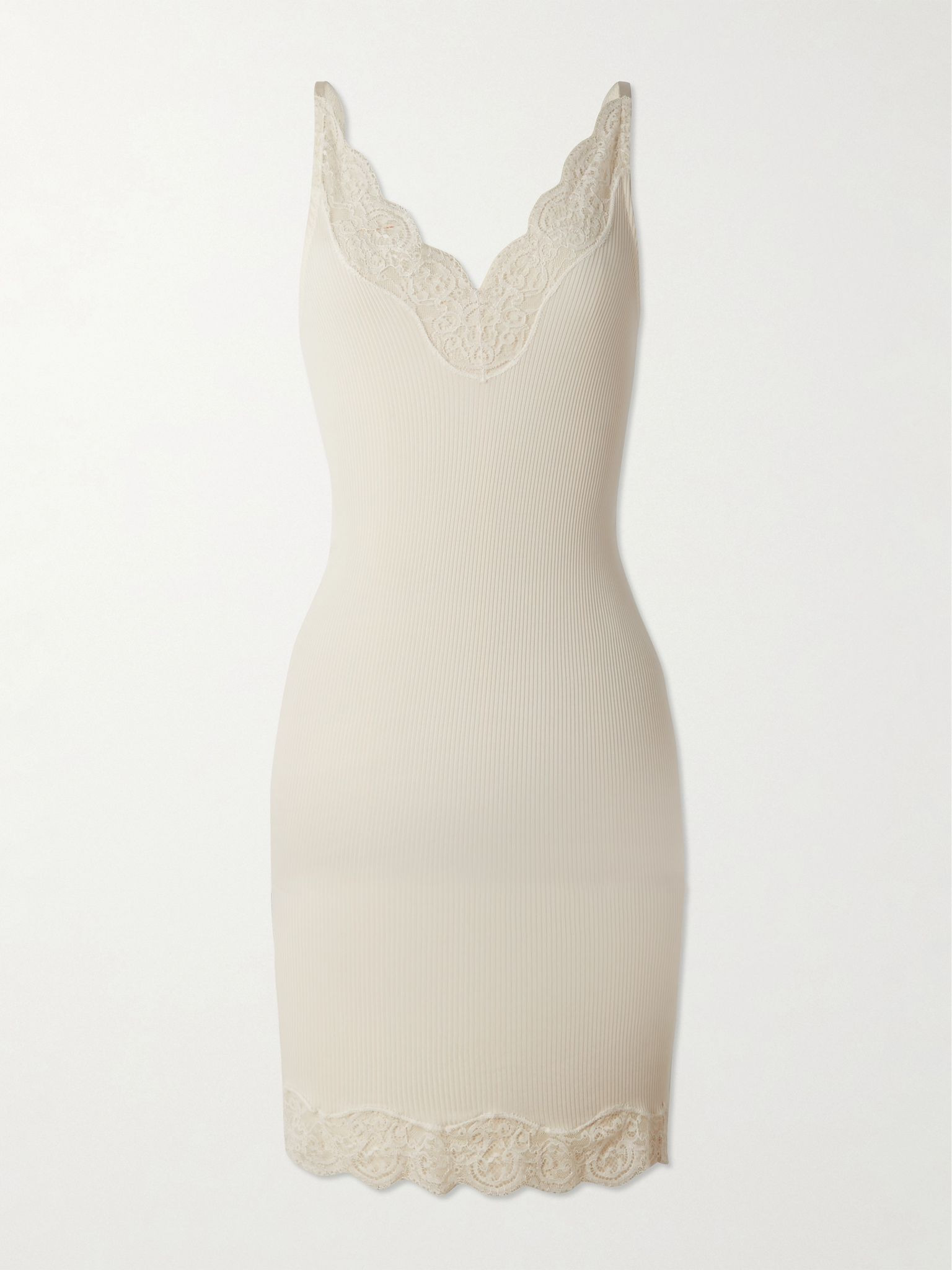 Lace-trimmed ribbed silk-jersey mini dress Neutral - 1