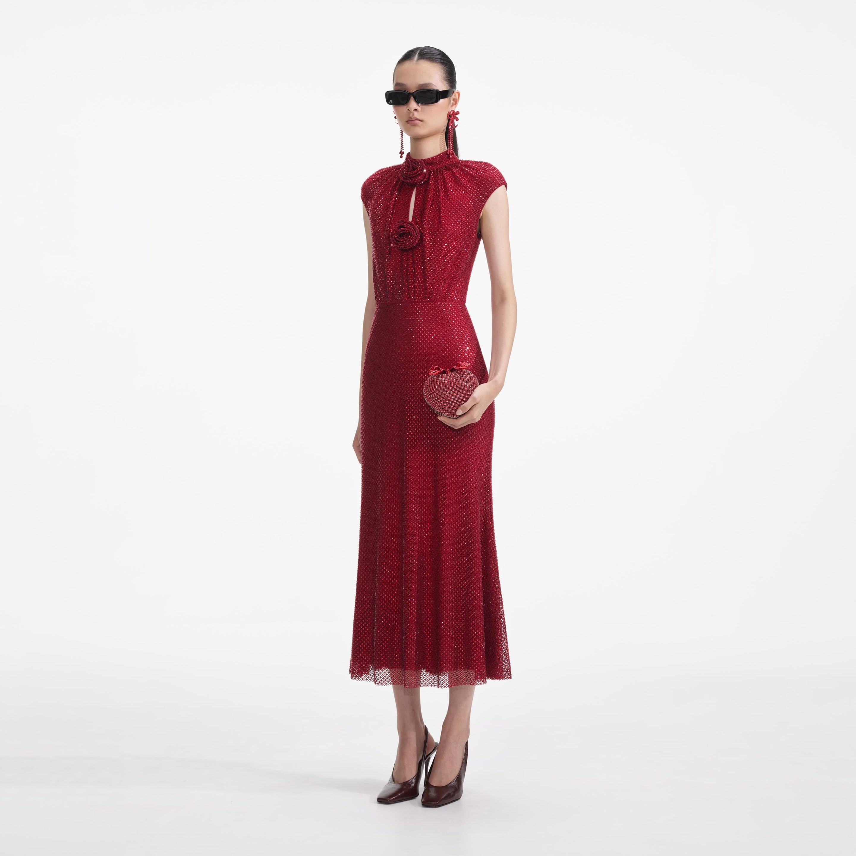 Red Rhinestone Fishnet Midi Dress - 2