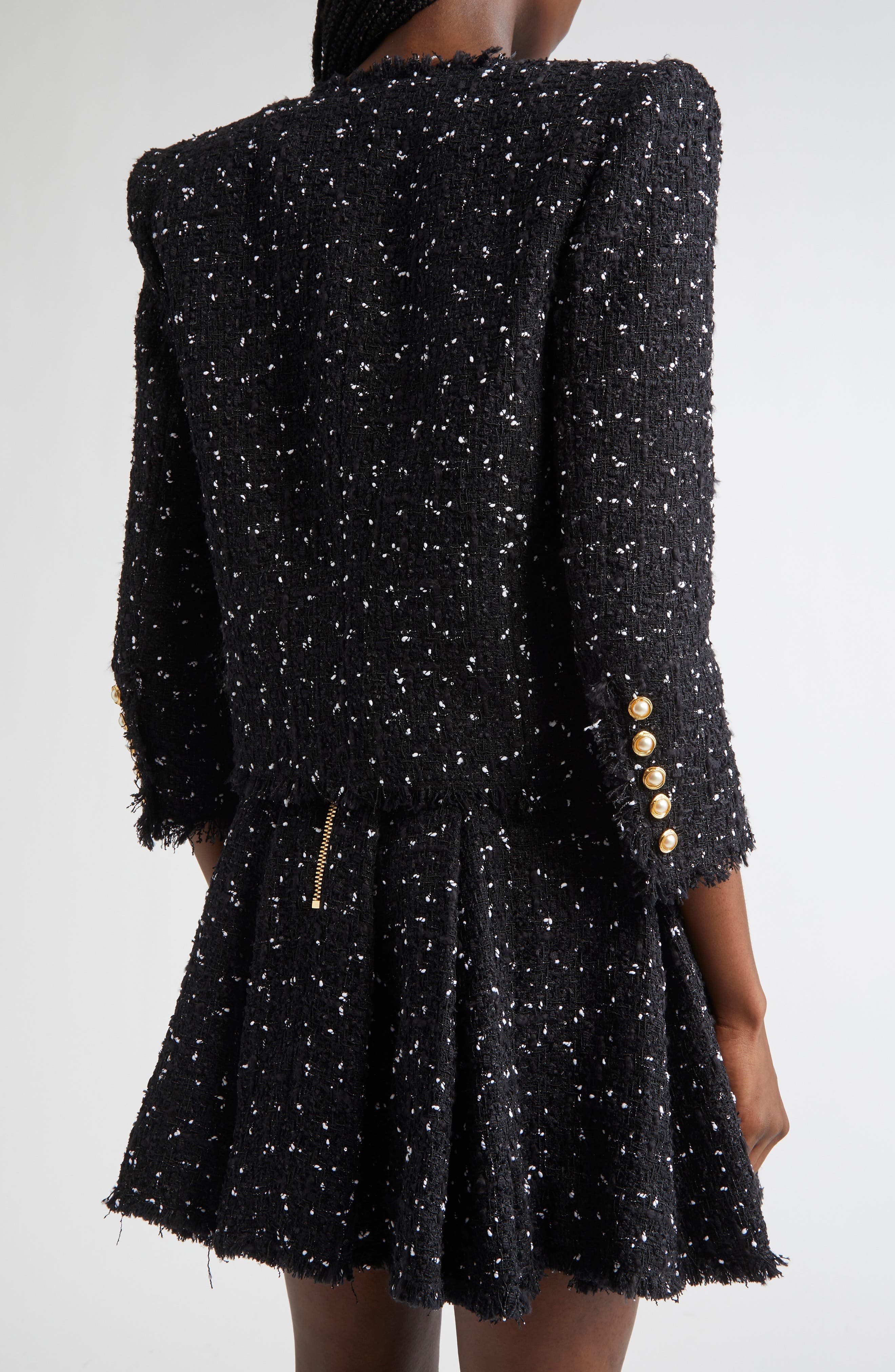 Balmain Polka Dot Tweed Spencer Jacket in Black/White at Nordstrom - 3