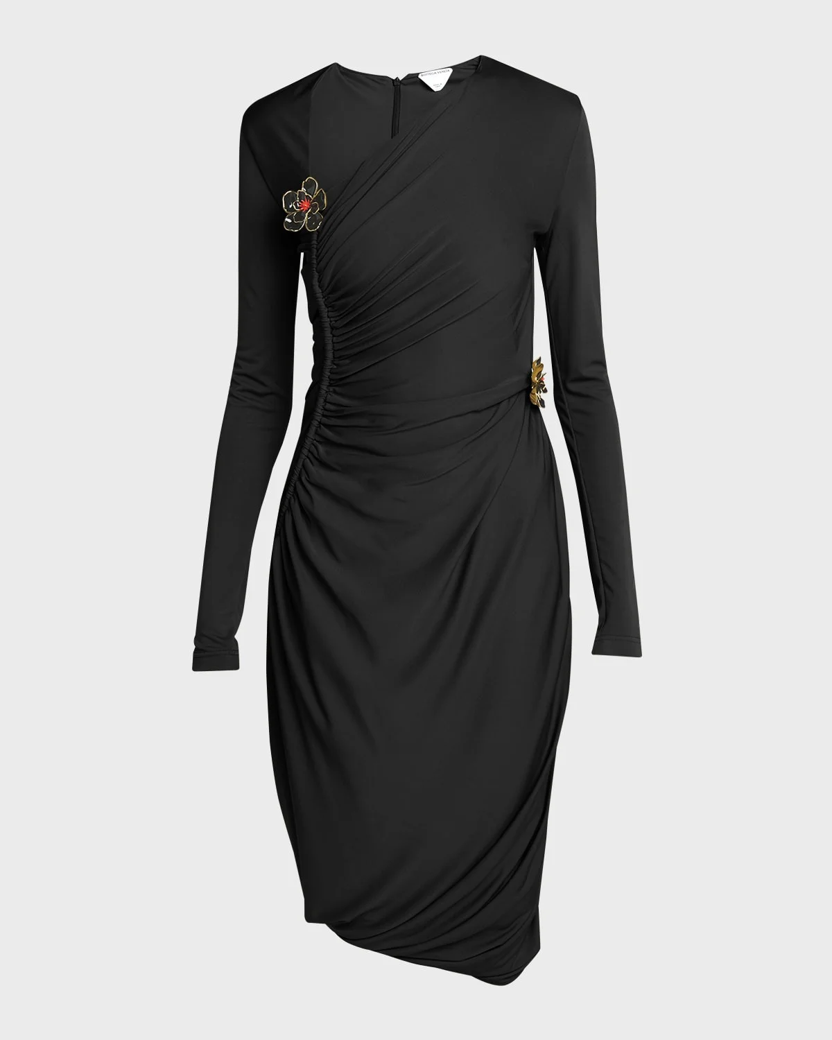 Flower-Applique Long-Sleeve Ruched Matte Crepe Viscose Jersey Dress - 1