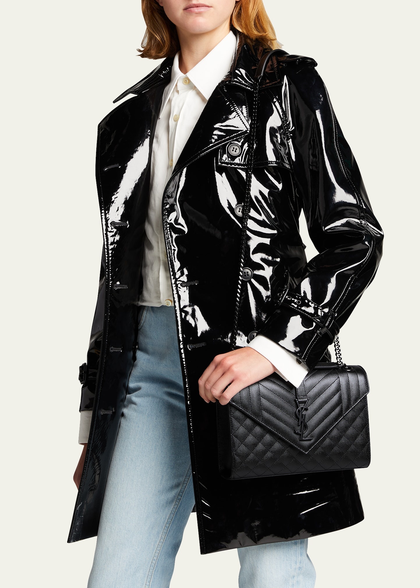 Triquilt Medium YSL Monogram Grain de Poudre V Flap Satchel Bag - Black Hardware - 2