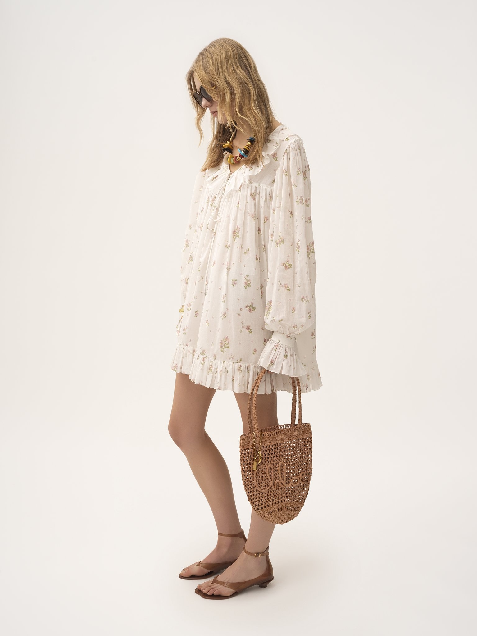 GATHERED LONG-SLEEVE MINI DRESS IN COTTON VOILE - 3