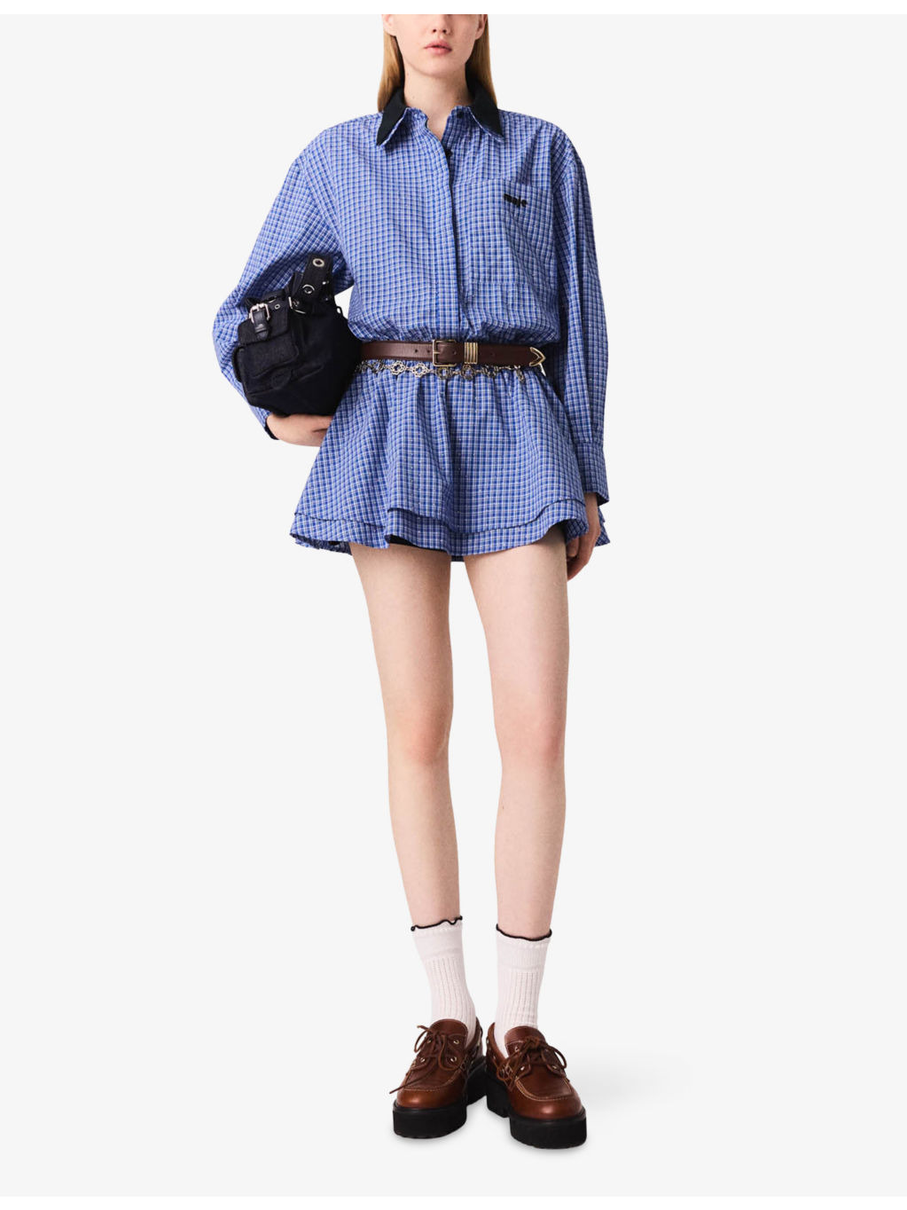 Rhinestone-Embellished Contrast-Collar Cotton Mini Dress - 2