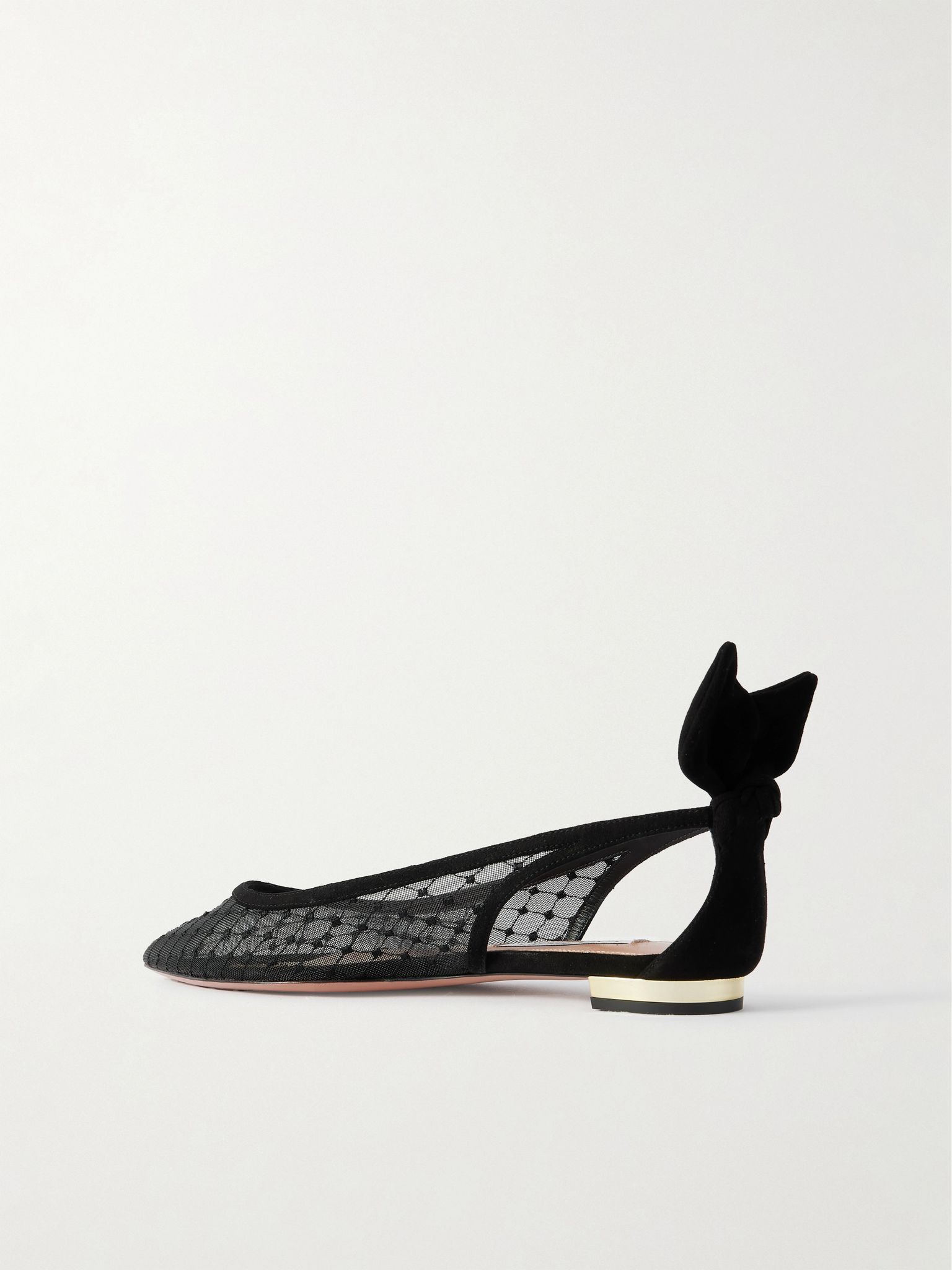 Bow Tie suede-trimmed fishnet pointed-toe ballet flats Black - 3