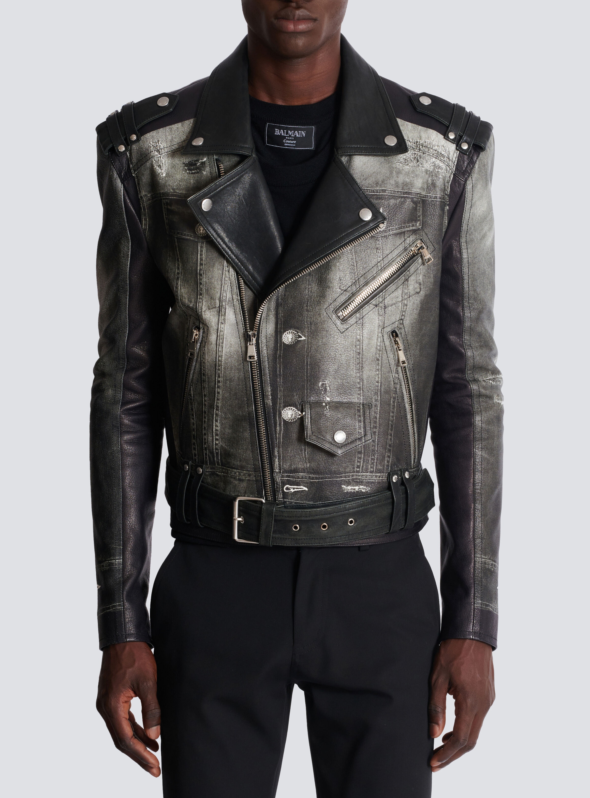Leather biker jacket with denim print - 5