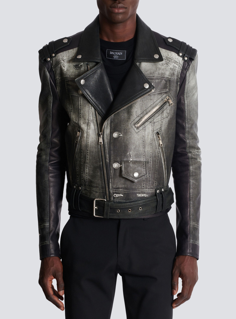 Leather biker jacket with denim print 5