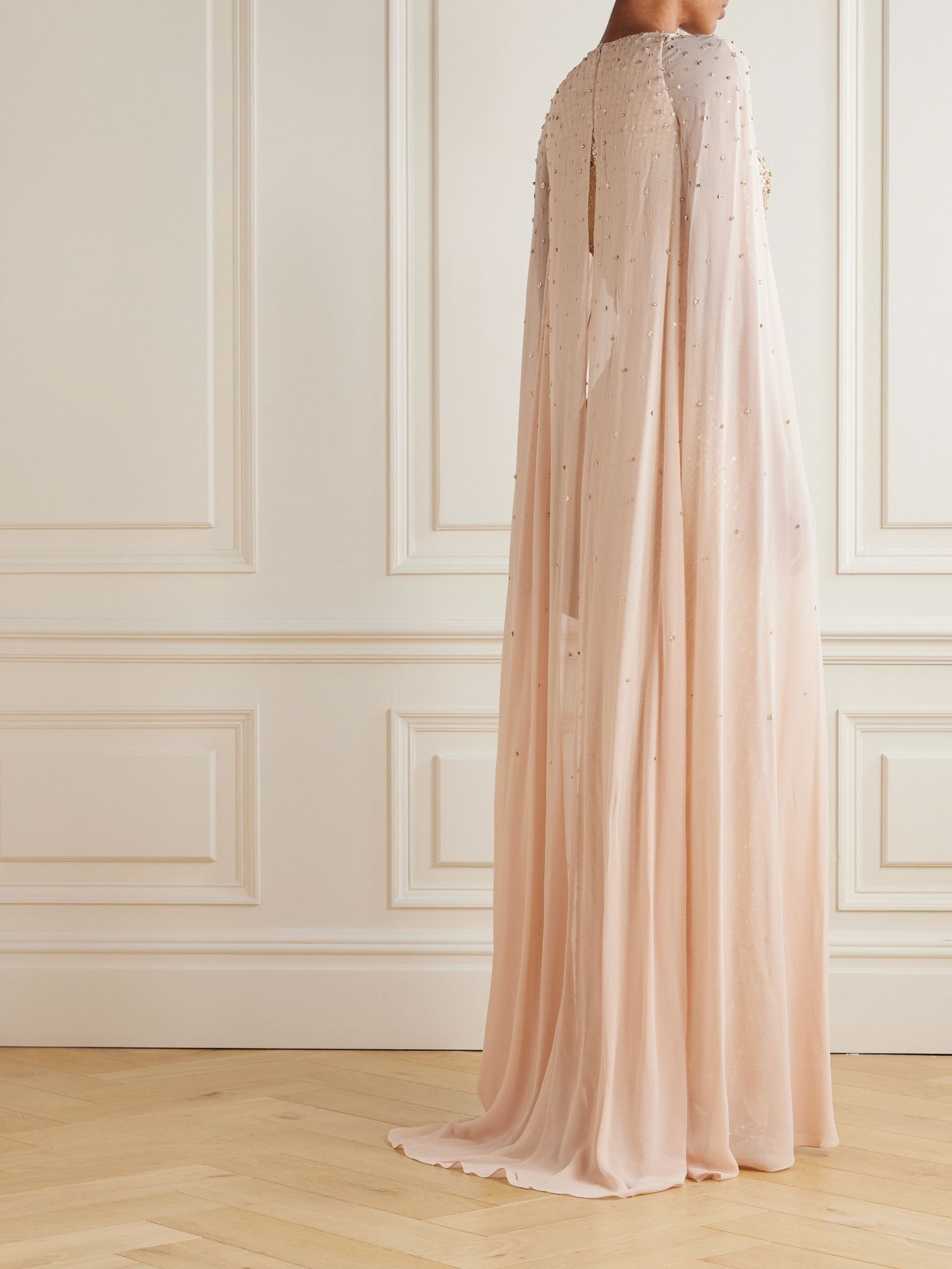 Zenith cape-effect embellished sequined chiffon gown Gold - 3