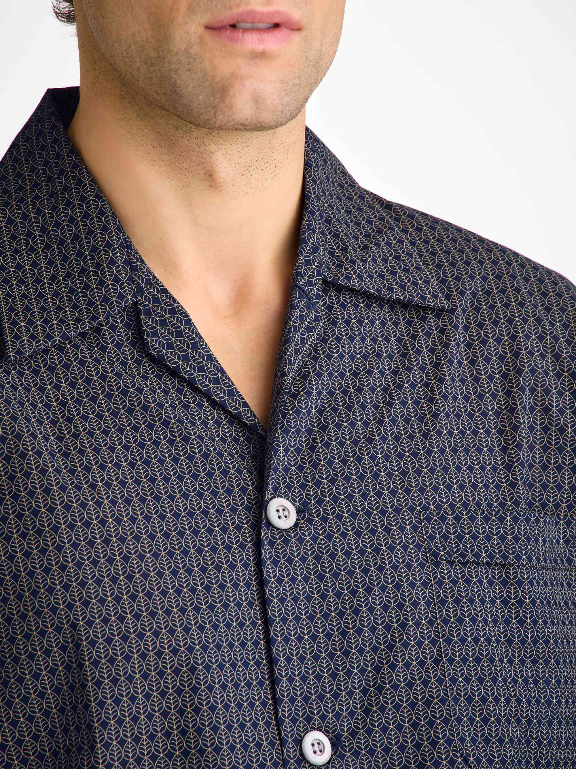 Men's Classic Fit Pajamas Cotton Batiste Navy Jungle Leaf Print - 5