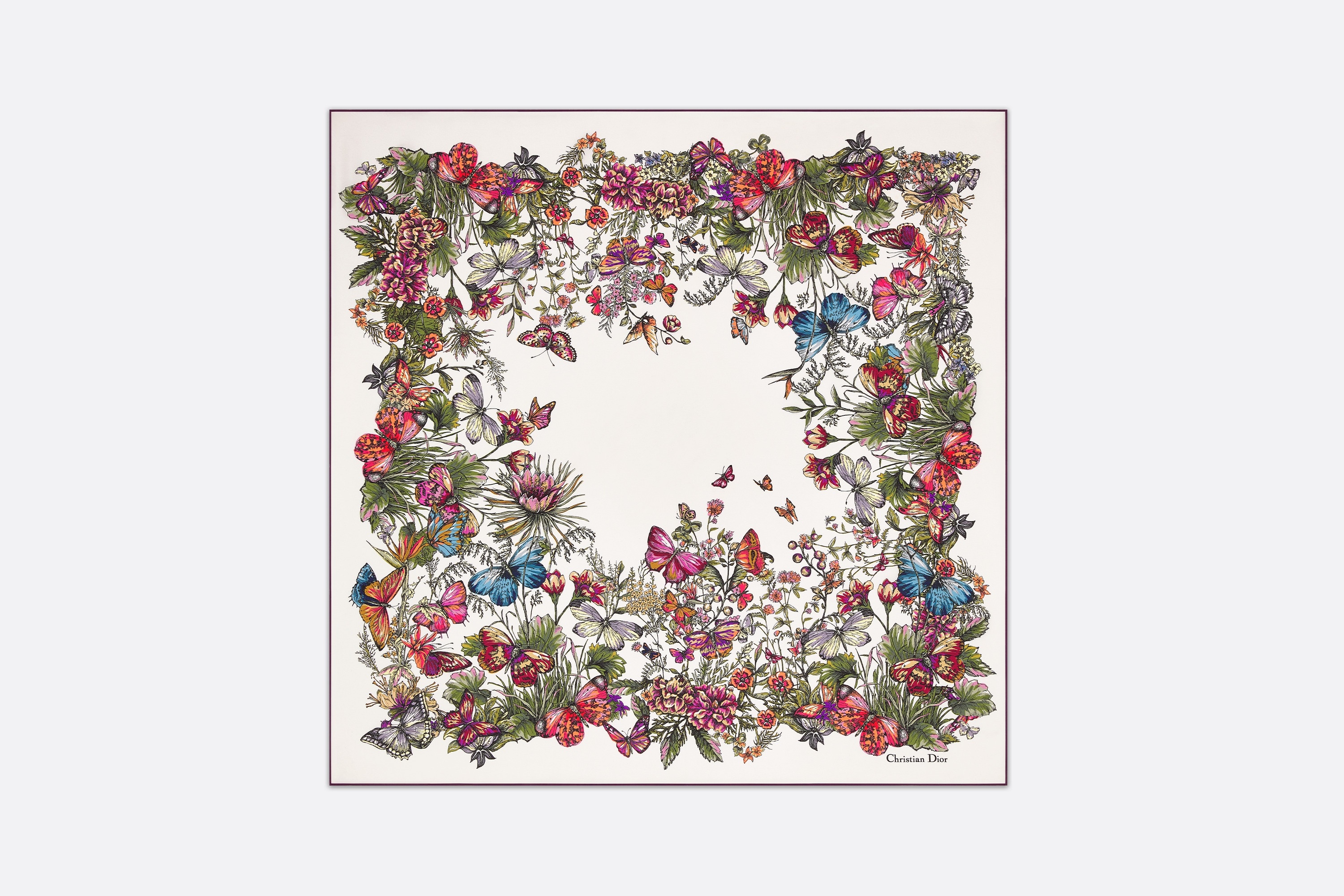 【花々が咲き誇るアート】DIOR Millefiori 90 スカーフ ピンク Millefiori 90 Square Scarf Ivory and Pink Multicolor Silk
