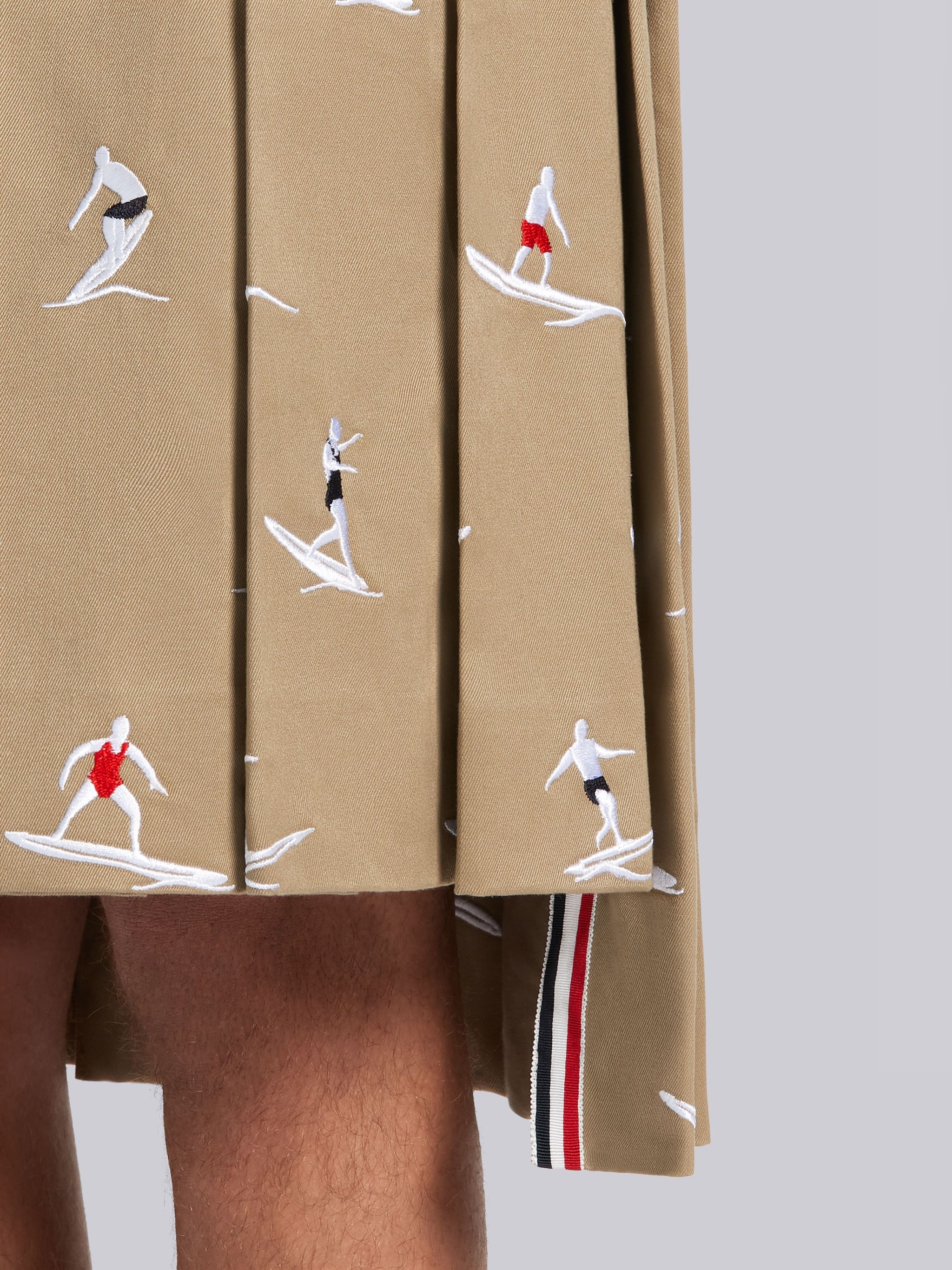 Khaki Cotton Twill Half Drop Surfers Embroidered Classic Knee Length Pleated Skirt - 5