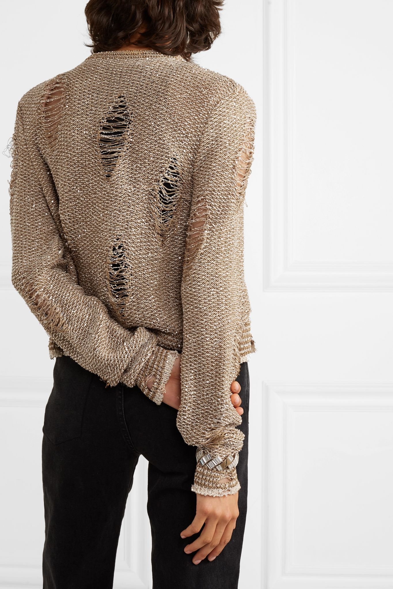 Distressed sequin-embellished knitted cardigan - 4