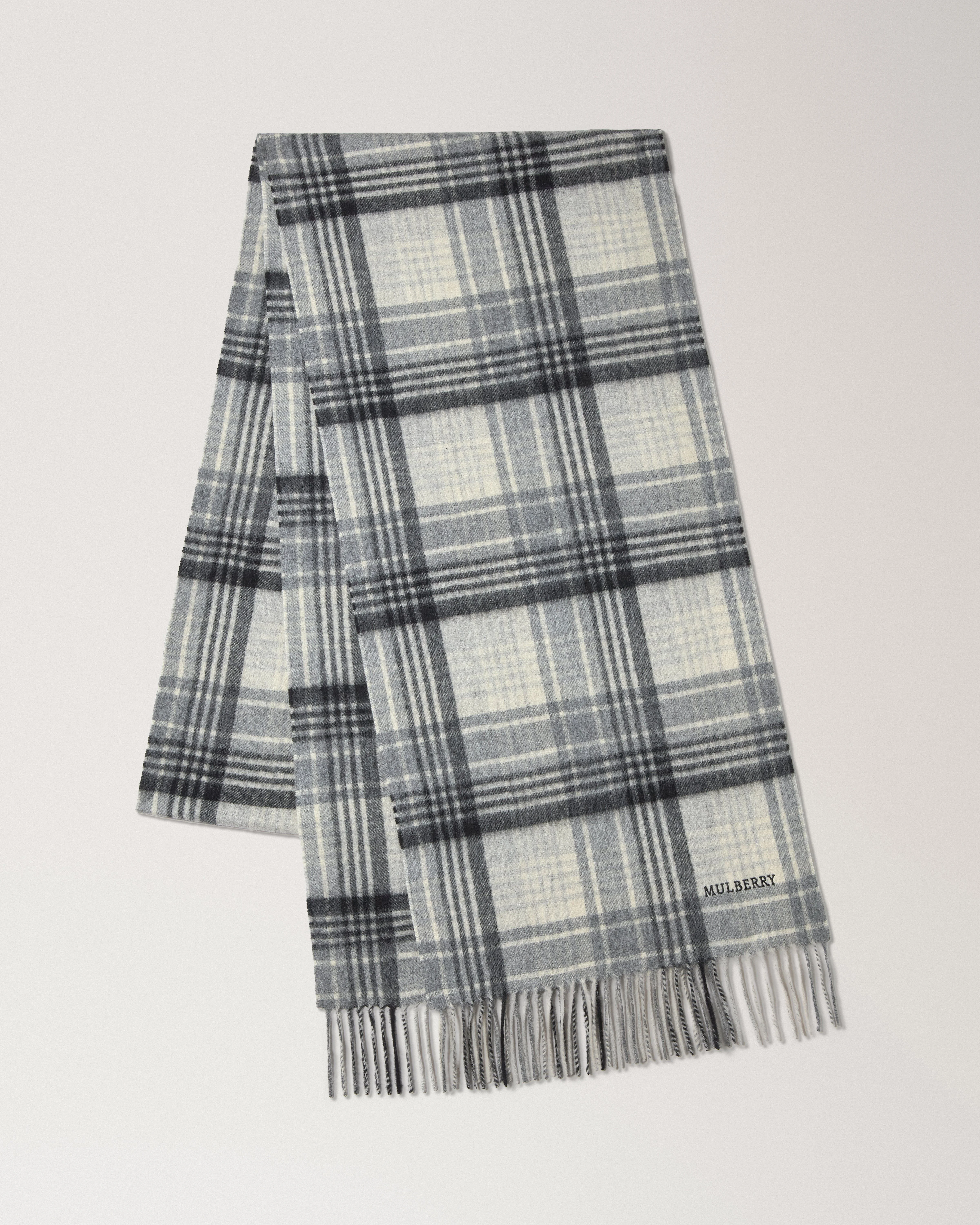 Long Mulberry Heritage Check Scarf Eggshell & Black Merino Wool - 1