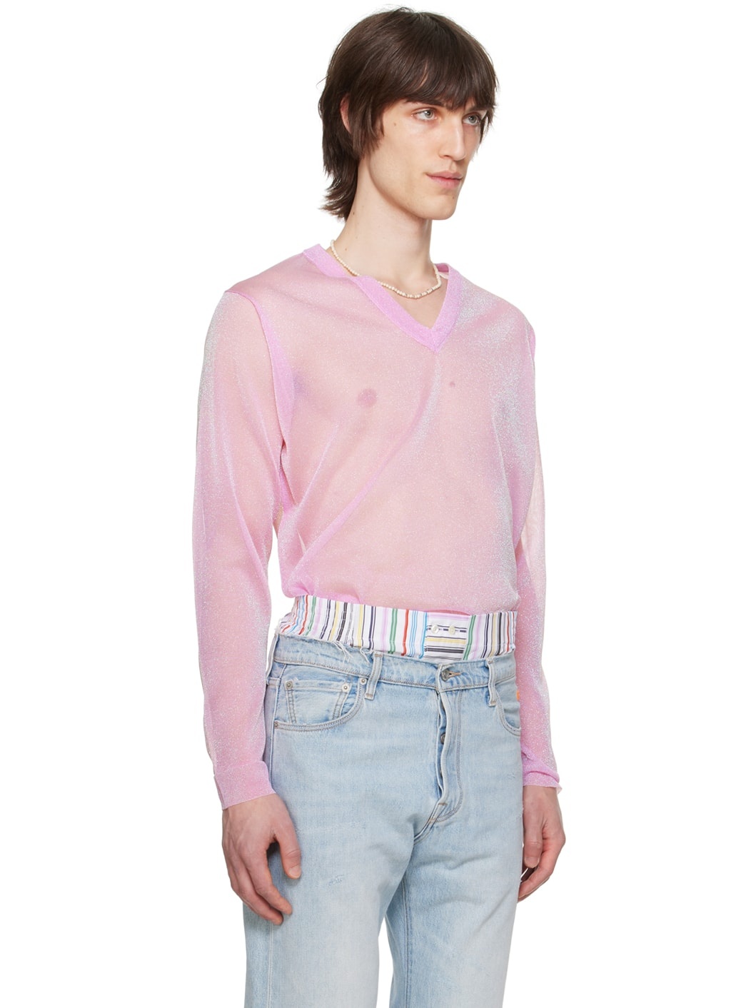 Pink V-Neck Long Sleeve T-Shirt - 2