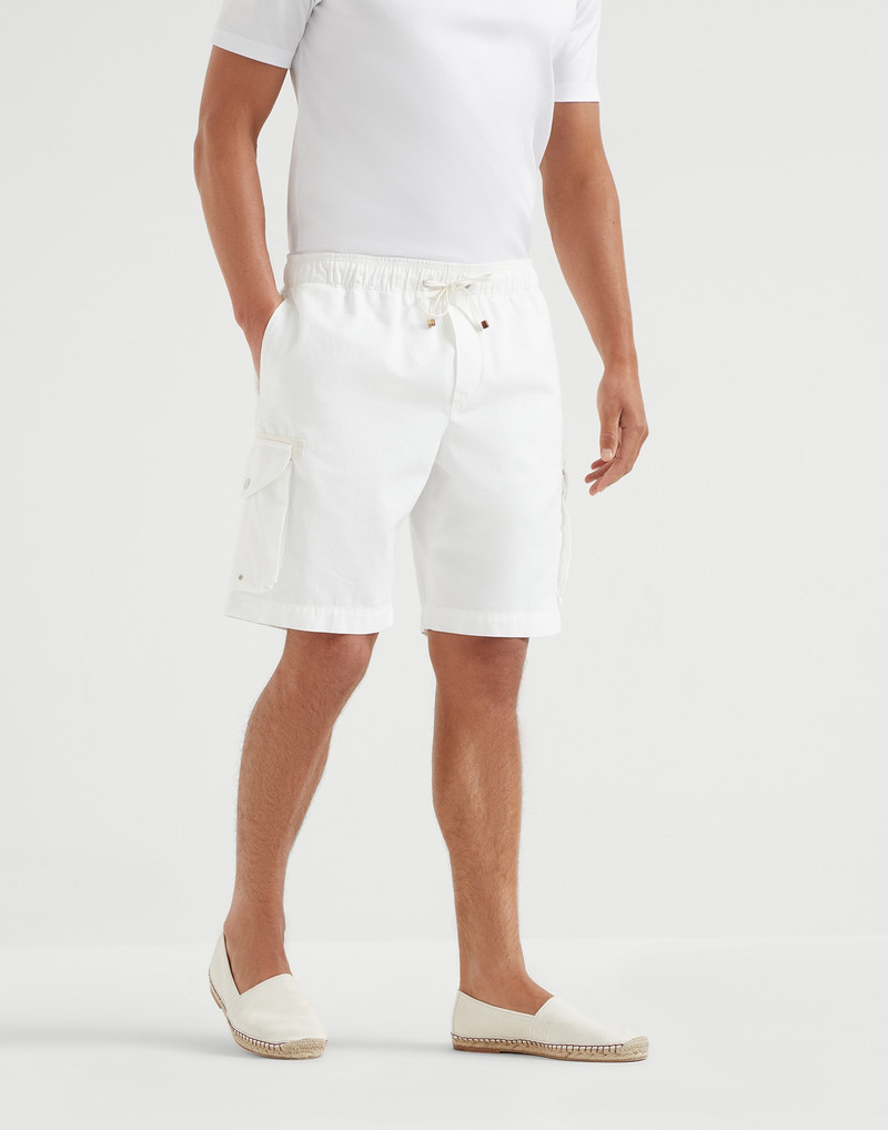 Garment-dyed Bermuda shorts in twisted cotton gabardine with cargo pockets and drawstring - 1