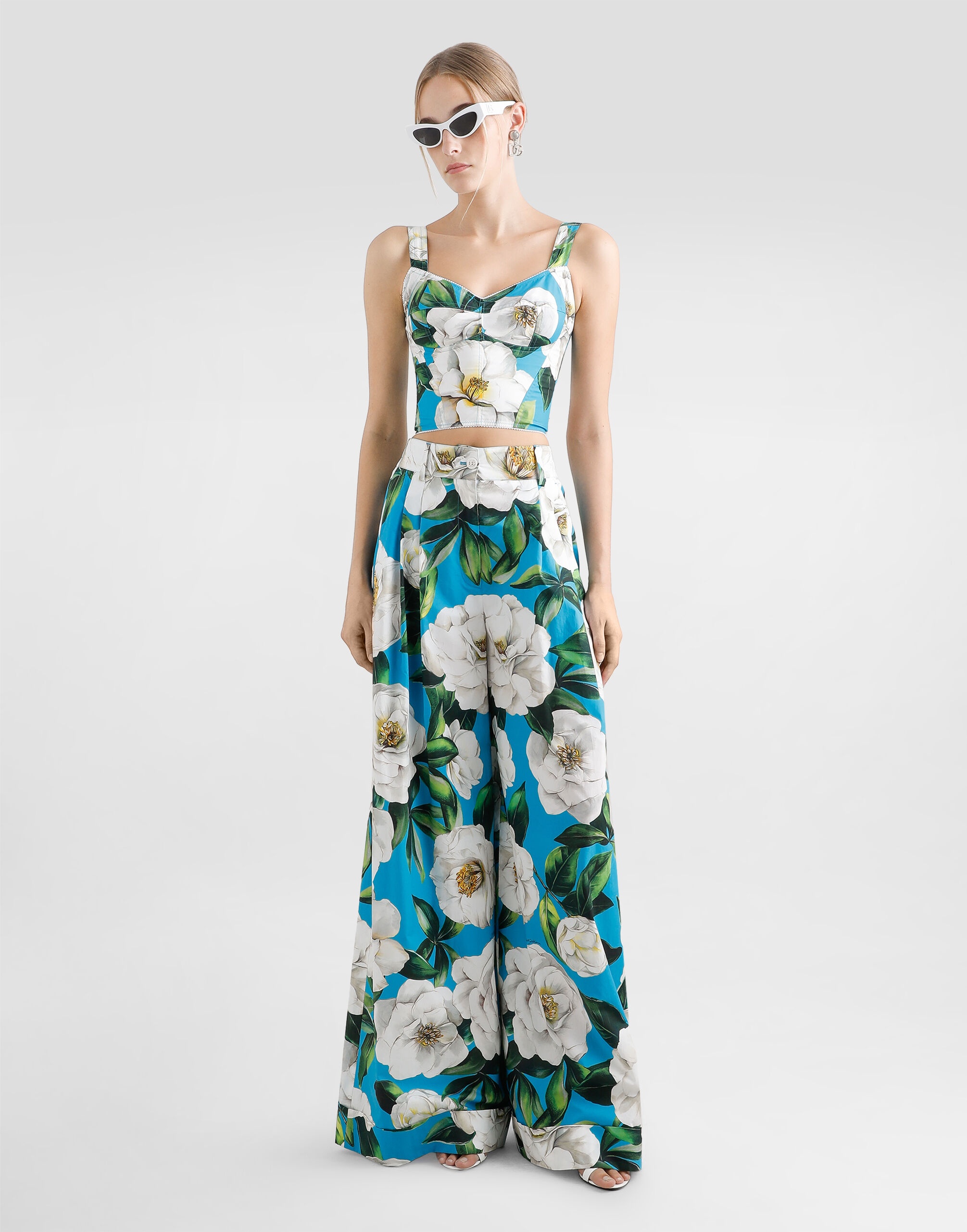 Cotton palazzo pants with gardenia print - 2