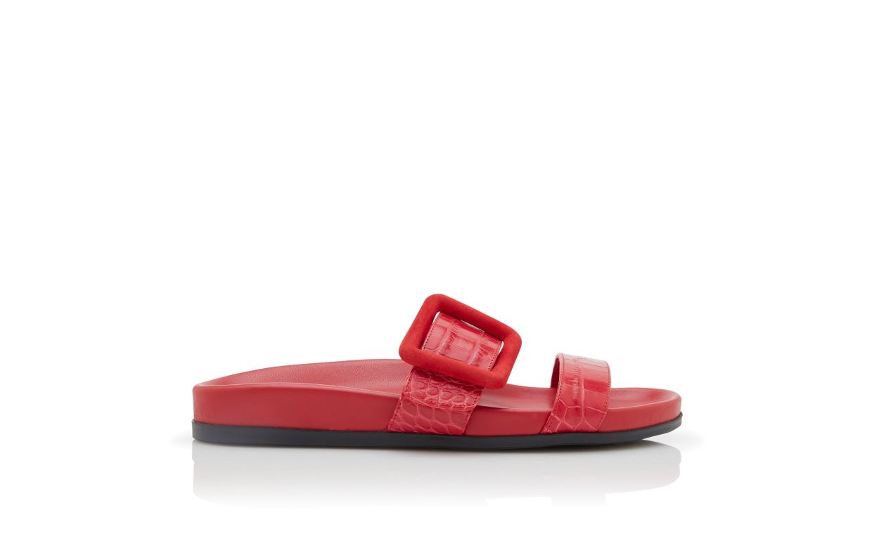 Red Calf Leather Buckle Detail Flat Mules - 1