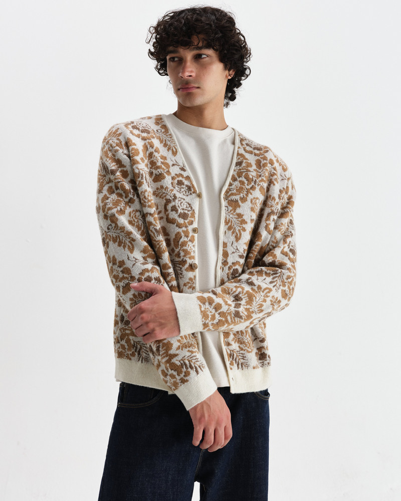 Wax London Alban - Natural And Brown Floral Textured Jacquard Cardigan outlook