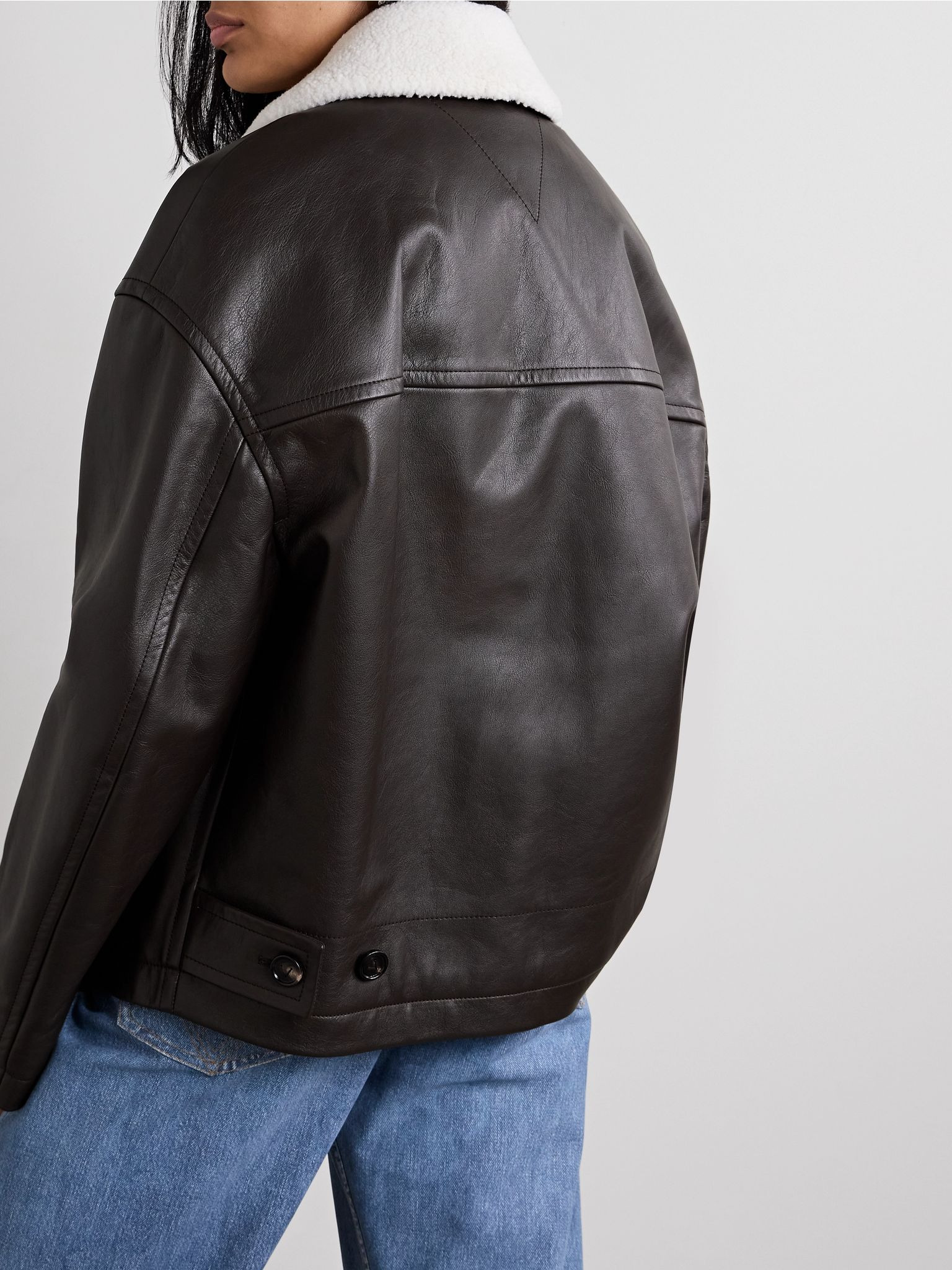 Shearling-trimmed leather jacket Dark brown - 4