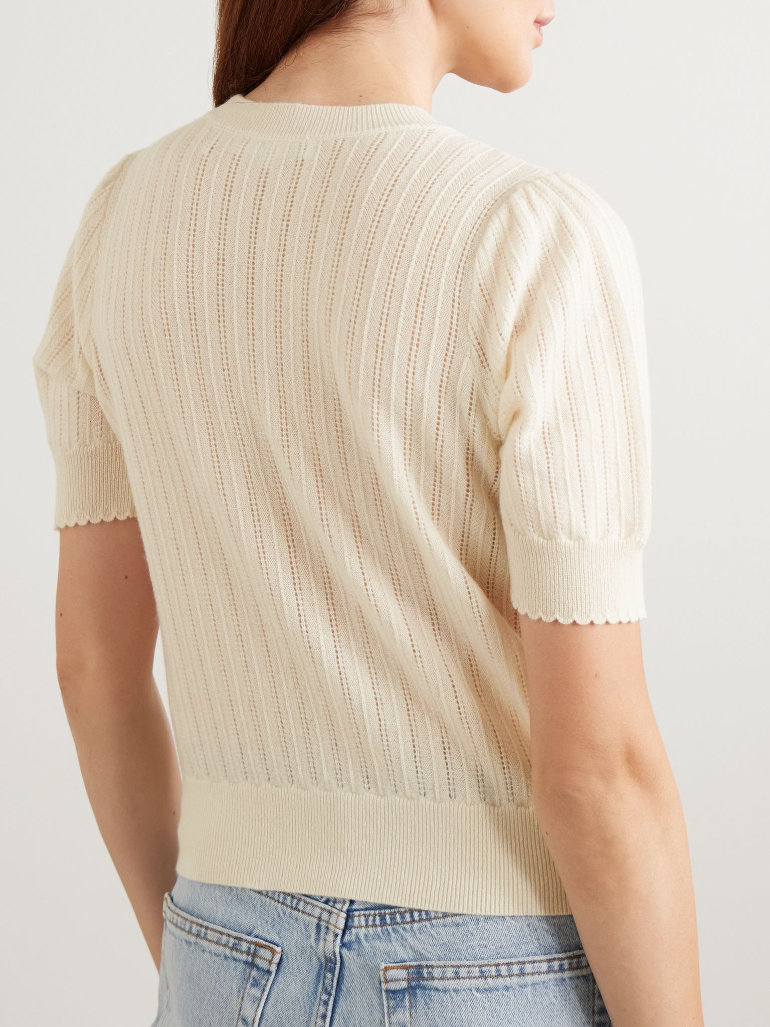Scalloped pointelle-knit cashmere sweater Cream - 3