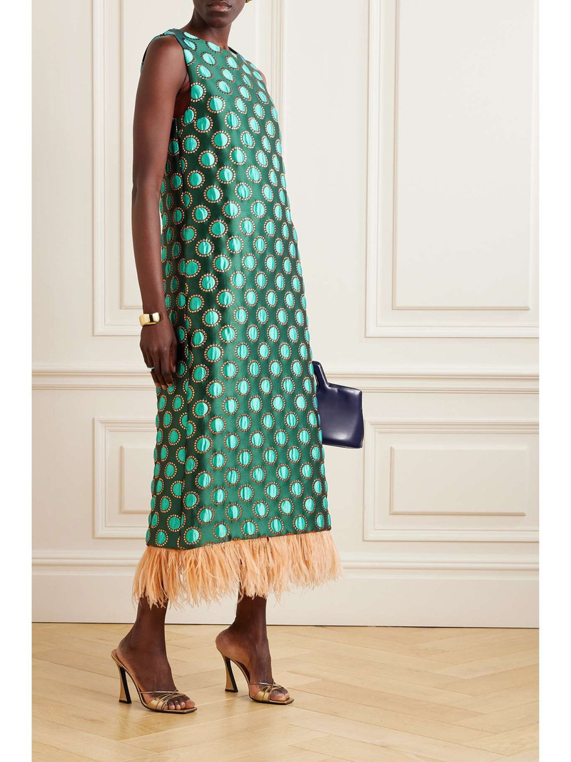 La DoubleJ Column feather-trimmed metallic jacquard midi dress outlook