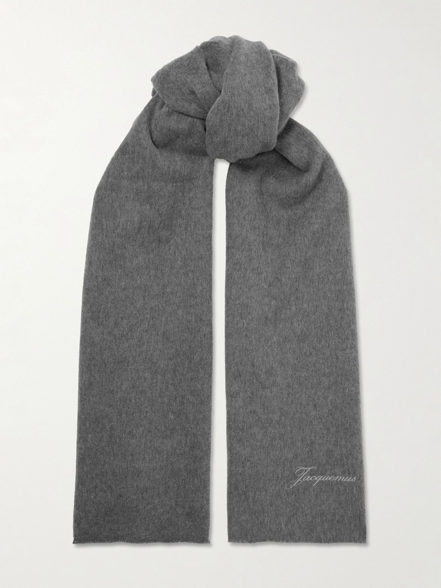 Frayed embroidered wool and cashmere-blend scarf Gray - 1