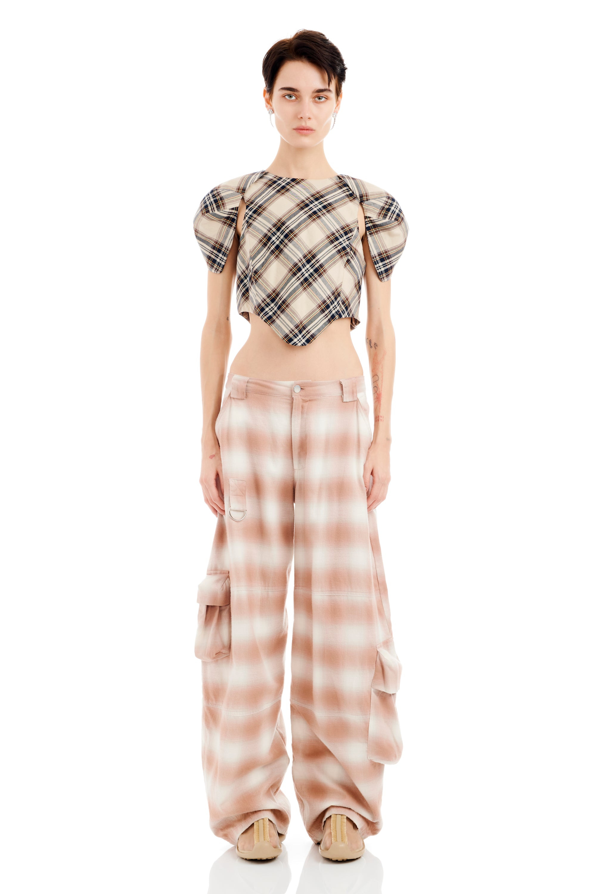 PEACH PLAID LAWN CARGO PANT - 3