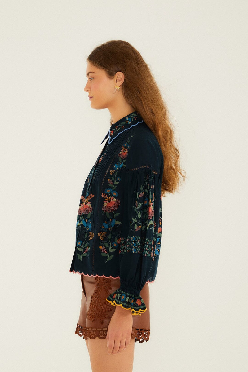 Navy Blue Stitched Garden Wavy Hem Blouse 5