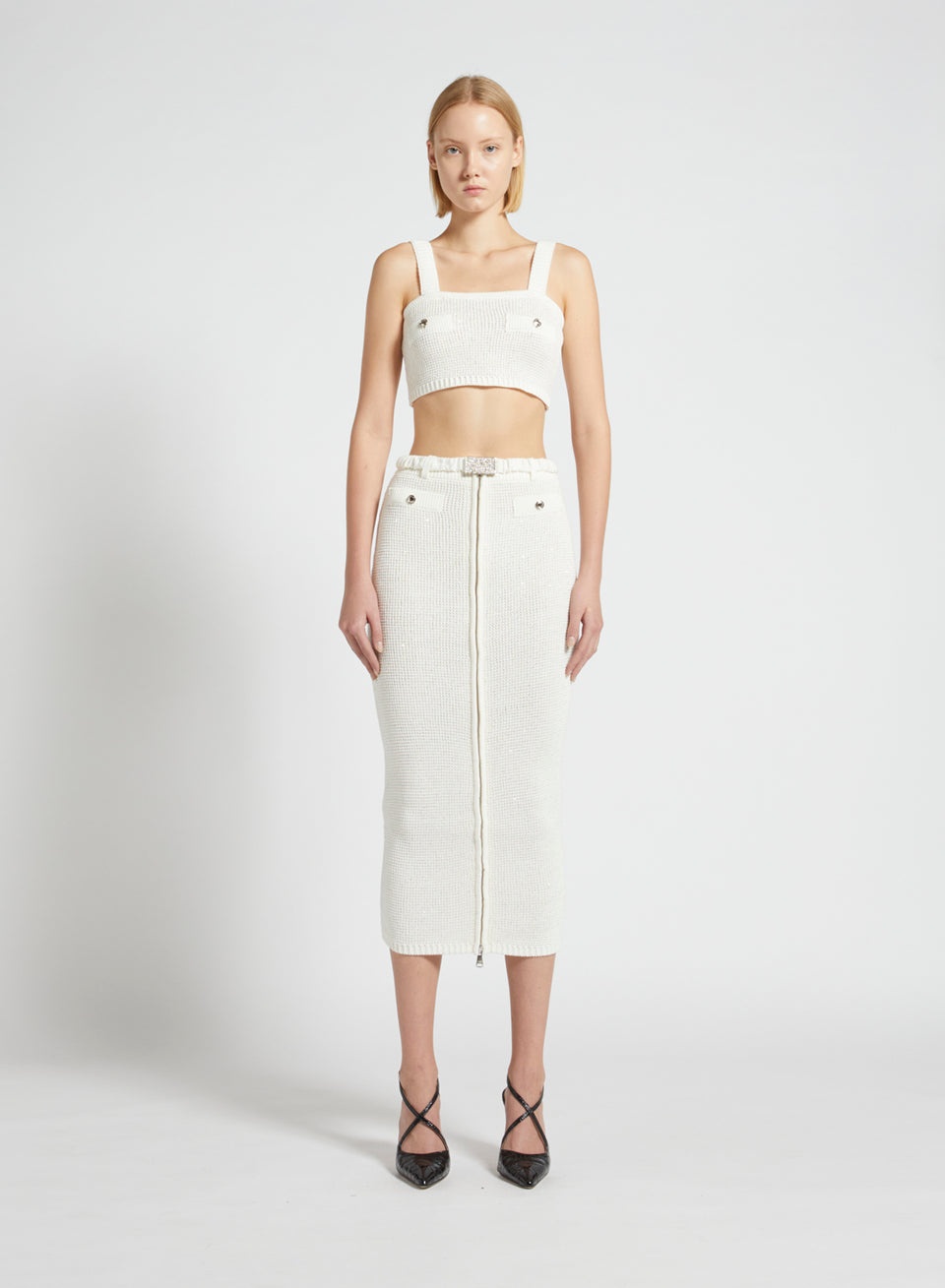 SEQUIN COTTON BLEND KNITTED MIDI SKIRT W/ZIP, BELT - 4