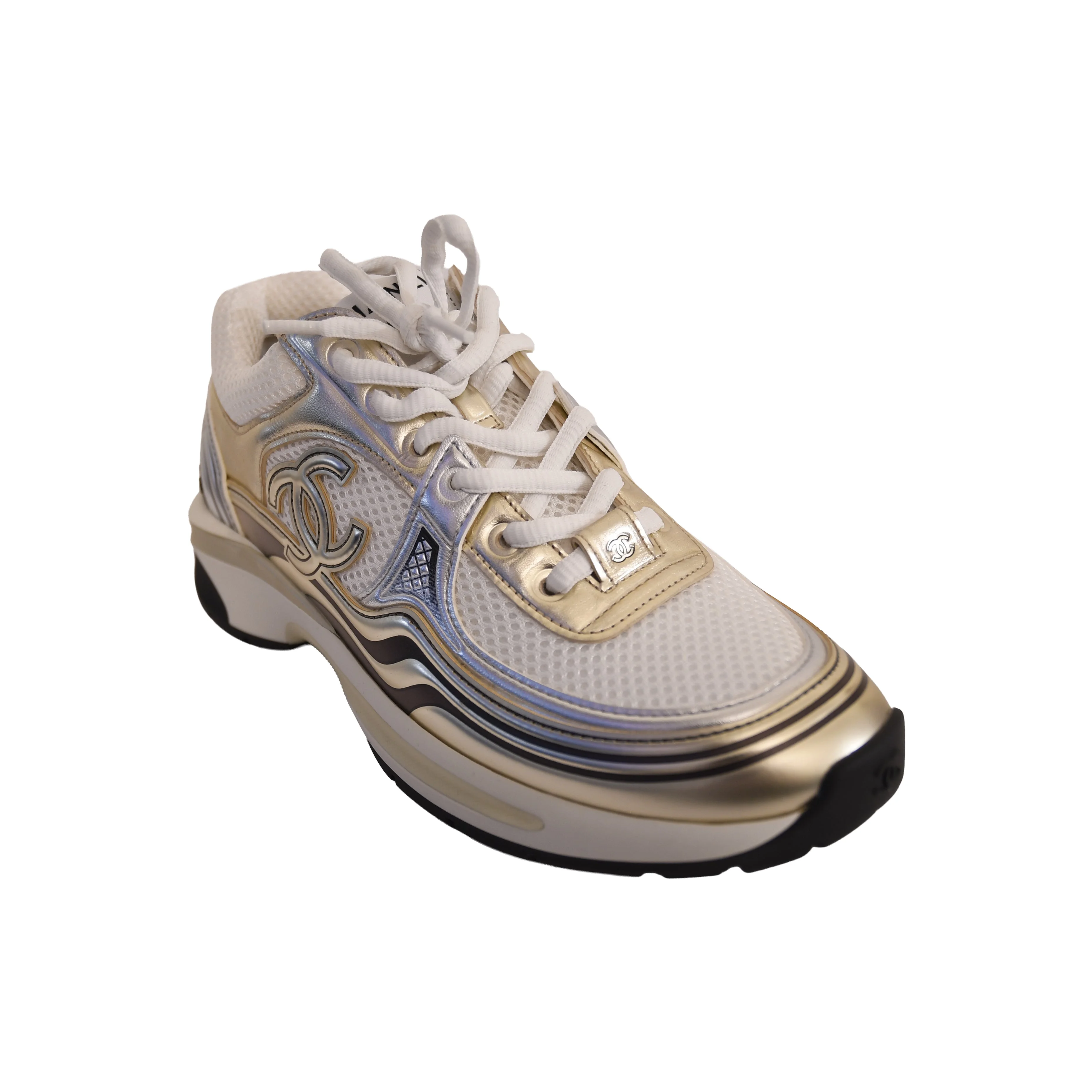 Chanel CC Logo Fabric Laminated Sneakers Gold Silver - 1