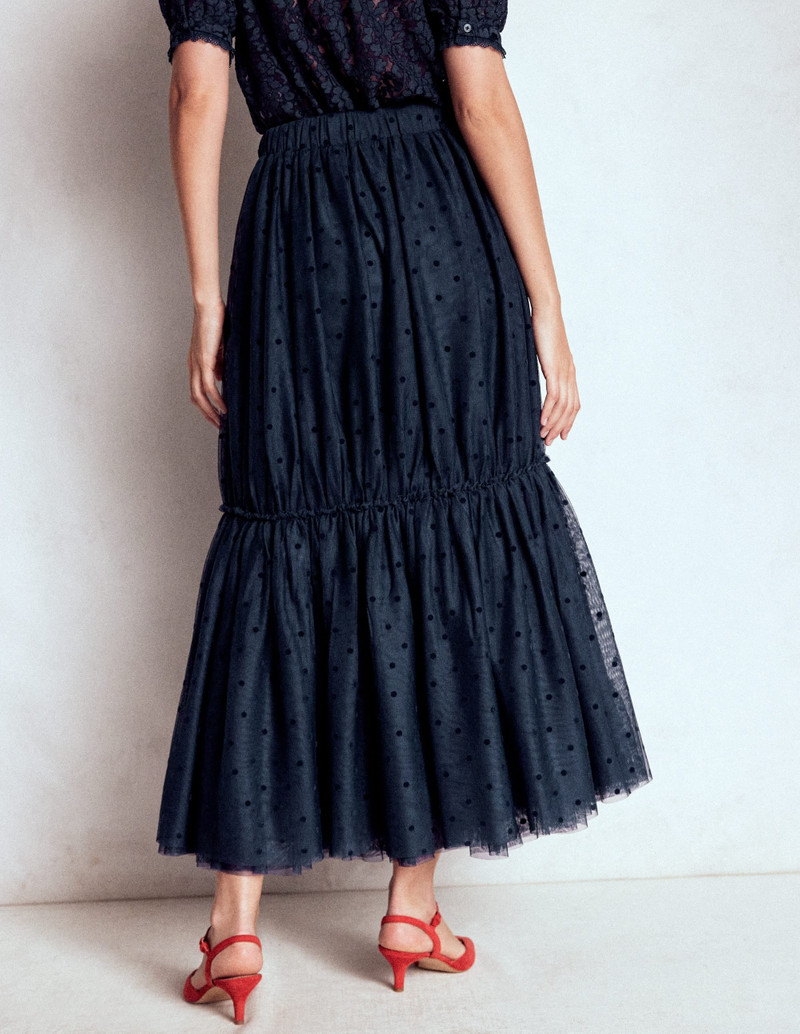 Anna Tulle Midi Skirt-Navy Flocked Spot 5
