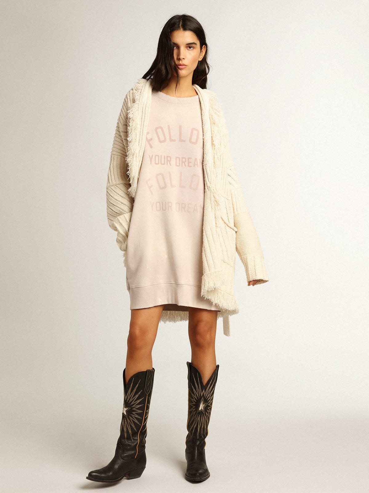 White sweatshirt dress with hood and Golden patch