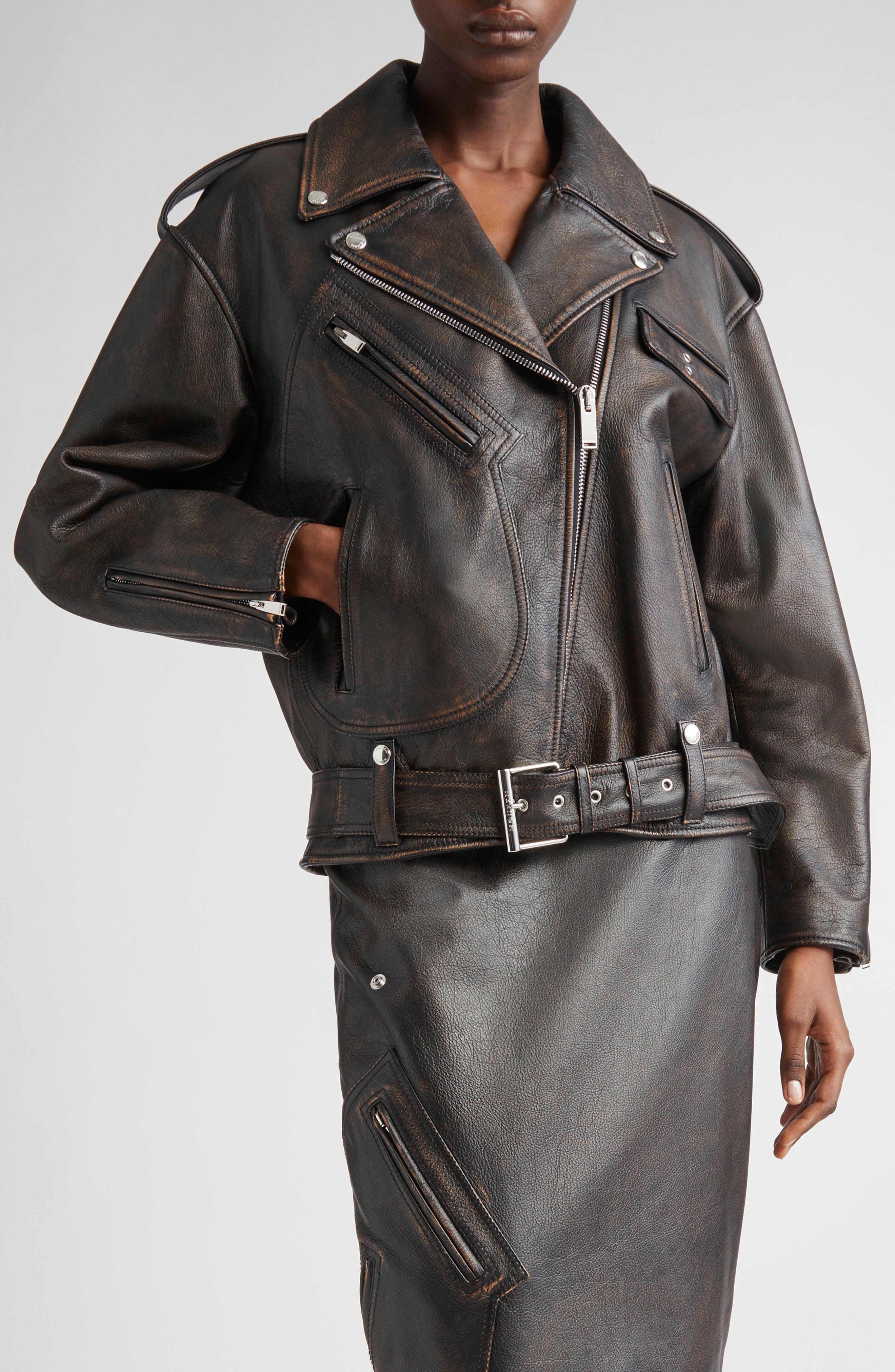 McQueen Distressed Leather Moto Jacket in Dark Brown/Tan at Nordstrom - 1