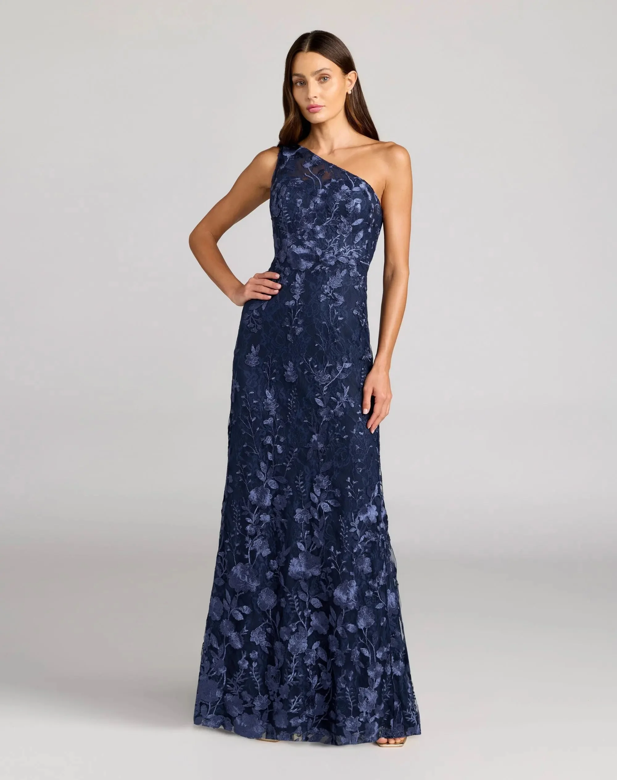 Navy One Shoulder Floral Embroidered Gown - 1