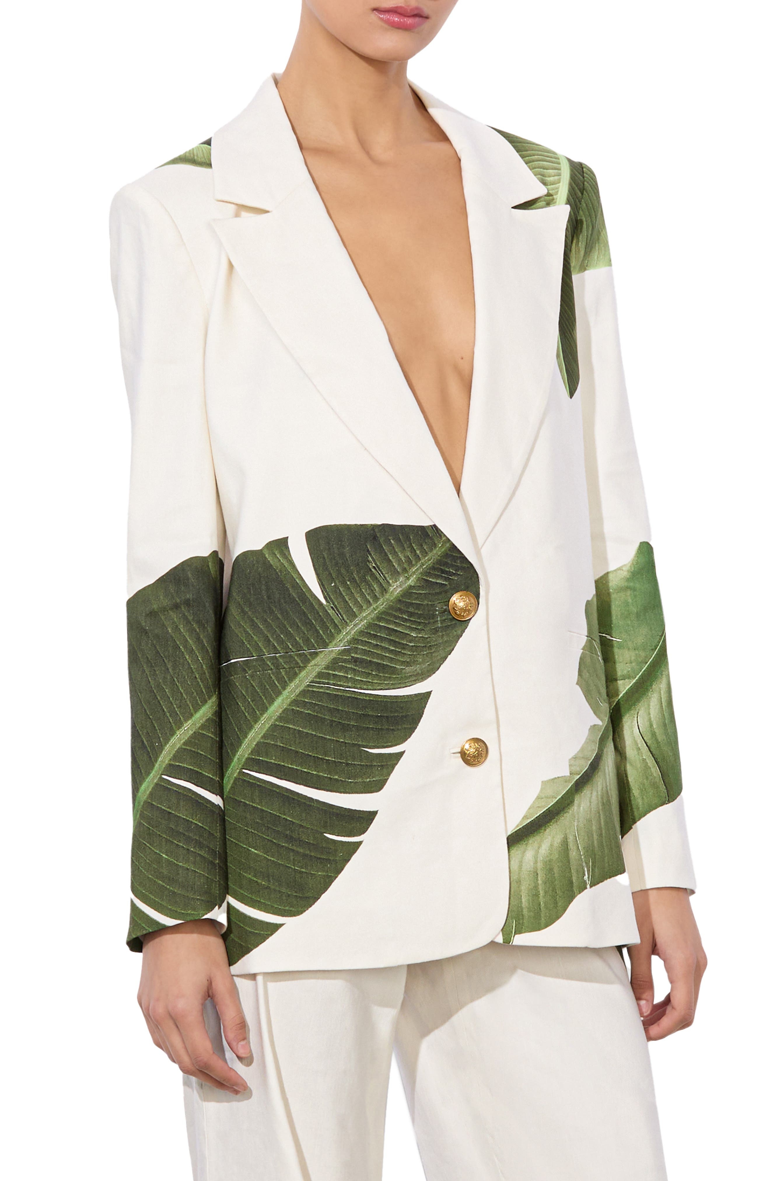 Alice + Olivia Elna Slim Fit Linen Blend Longline Blazer in Jungle Palm/White at Nordstrom - 3