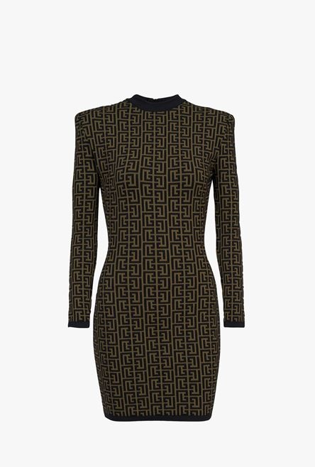 Short khaki and black wool dress with monogram print - 1