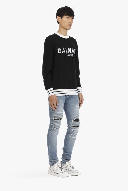 Black wool sweater with embroidered white Balmain logo - 7