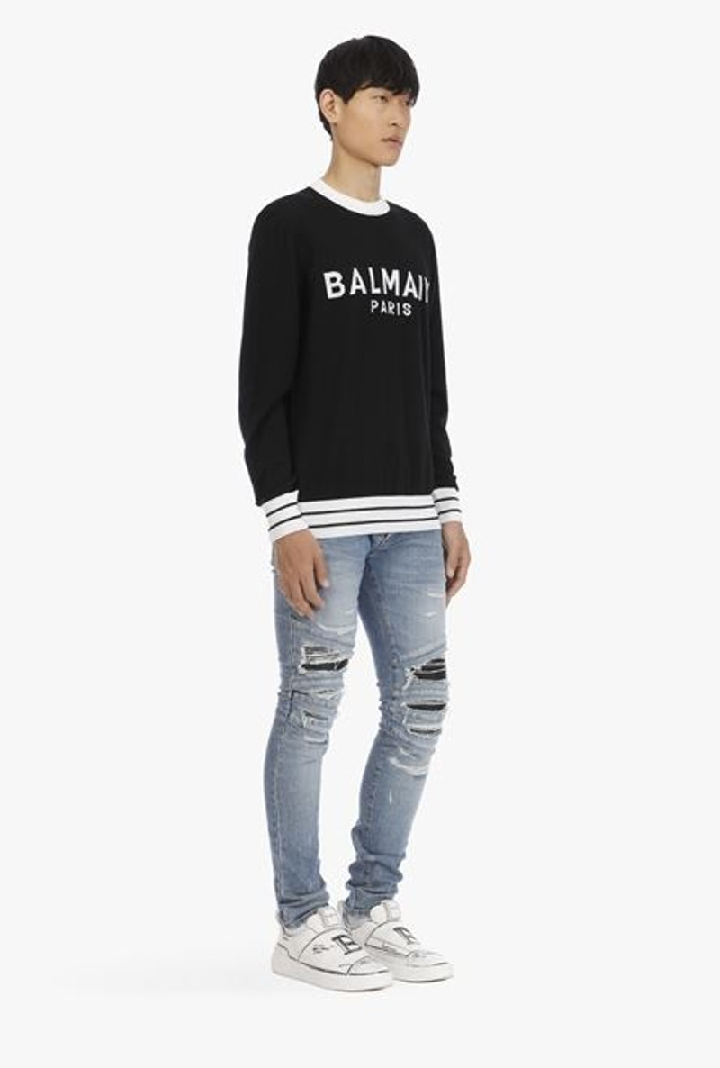 Black wool sweater with embroidered white Balmain logo 7
