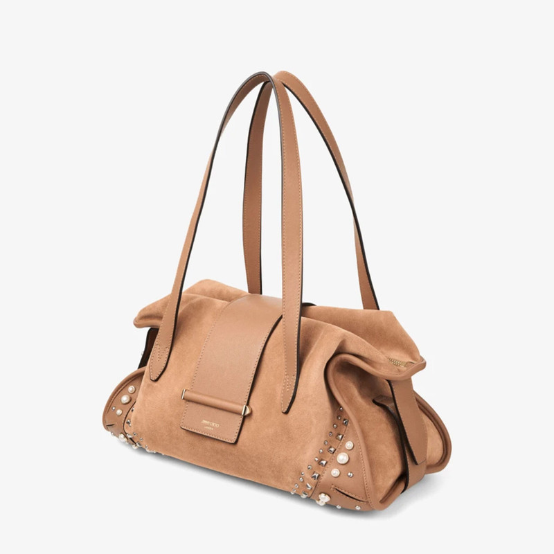 JIMMY CHOO Bar Holdall Medium
Toffee Suede Holdall Bag with Biker Leather Trim and Pearl Studs outlook
