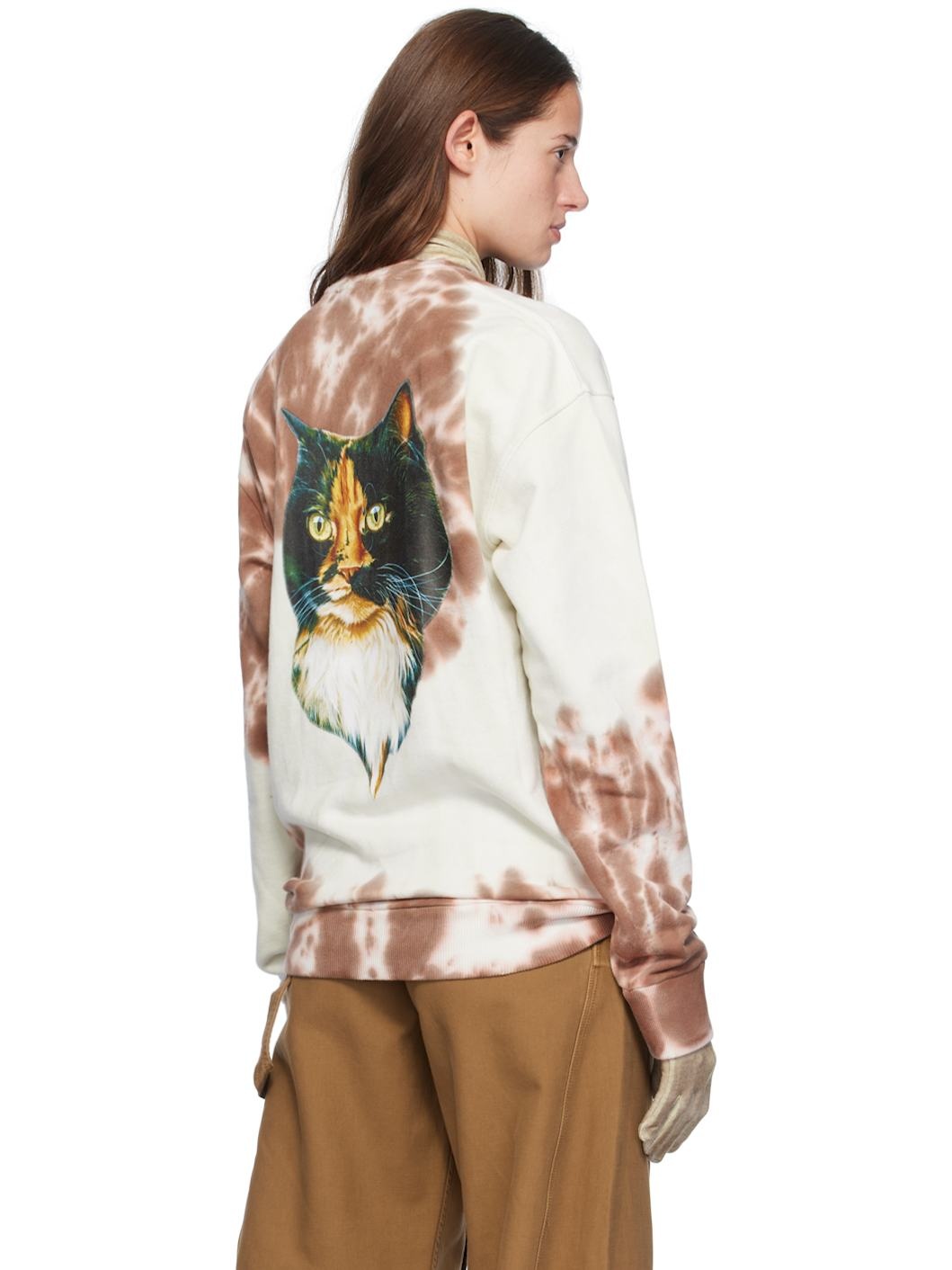 White & Brown Tie-Dye Cat Print Sweatshirt - 3