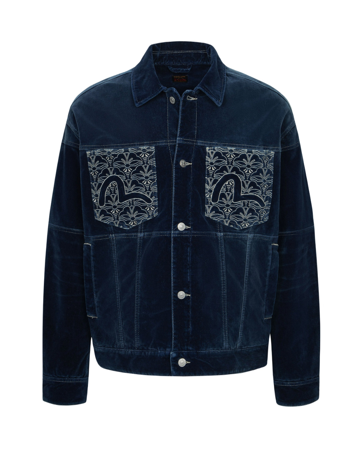 SEAGULL AND ALLOVER KAMON EMBROIDERY POCKETS LOOSE FIT PADDED DENIM JACKET - 15
