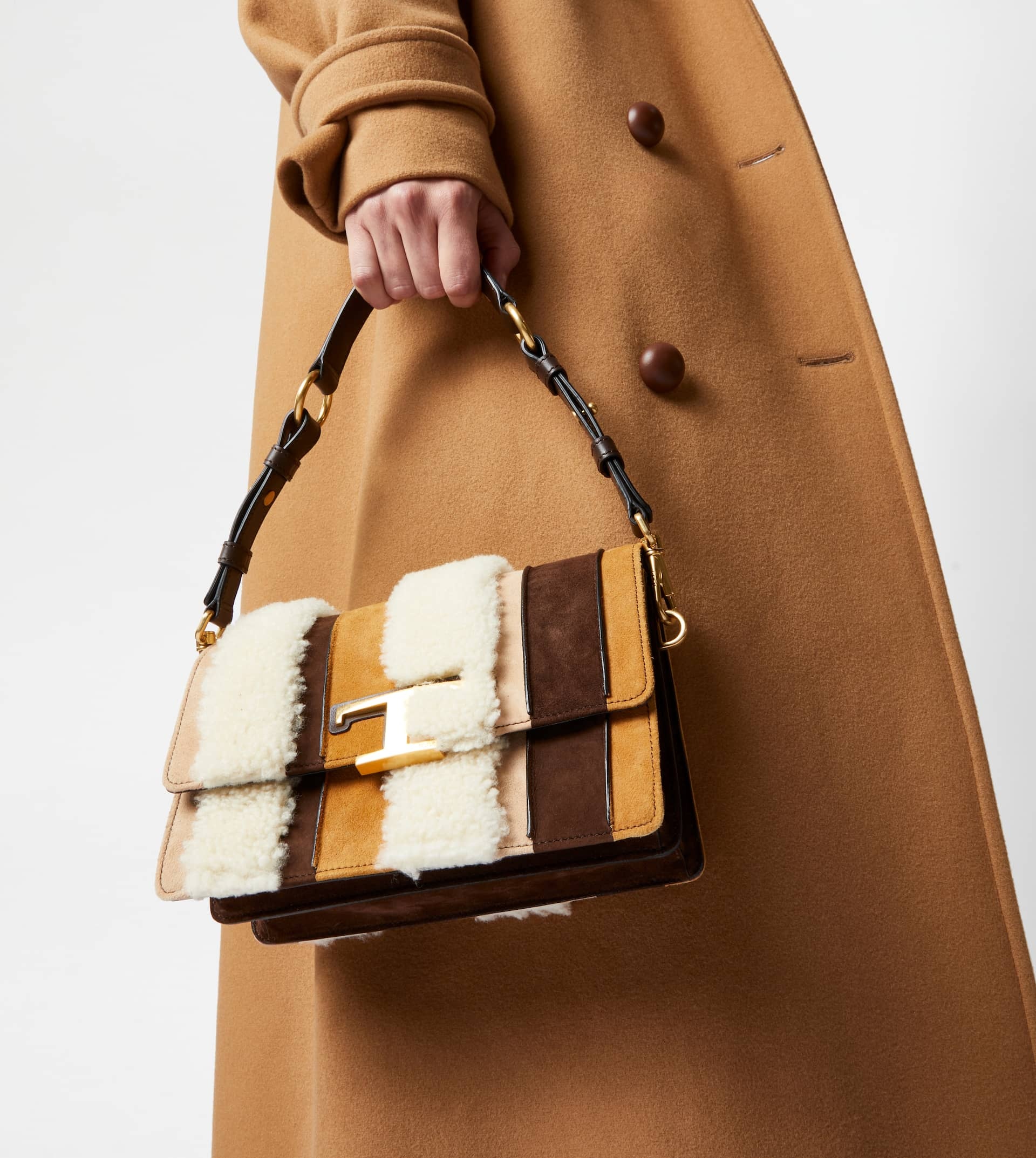 T TIMELESS SHOULDER BAG IN SUEDE AND SHEEPSKIN MINI - OFF WHITE, BROWN, BEIGE - 2