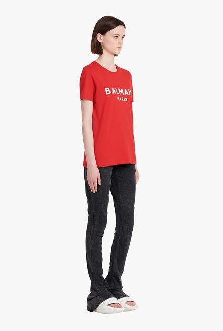 Red eco-designed cotton T-shirt with white Balmain logo print - 7