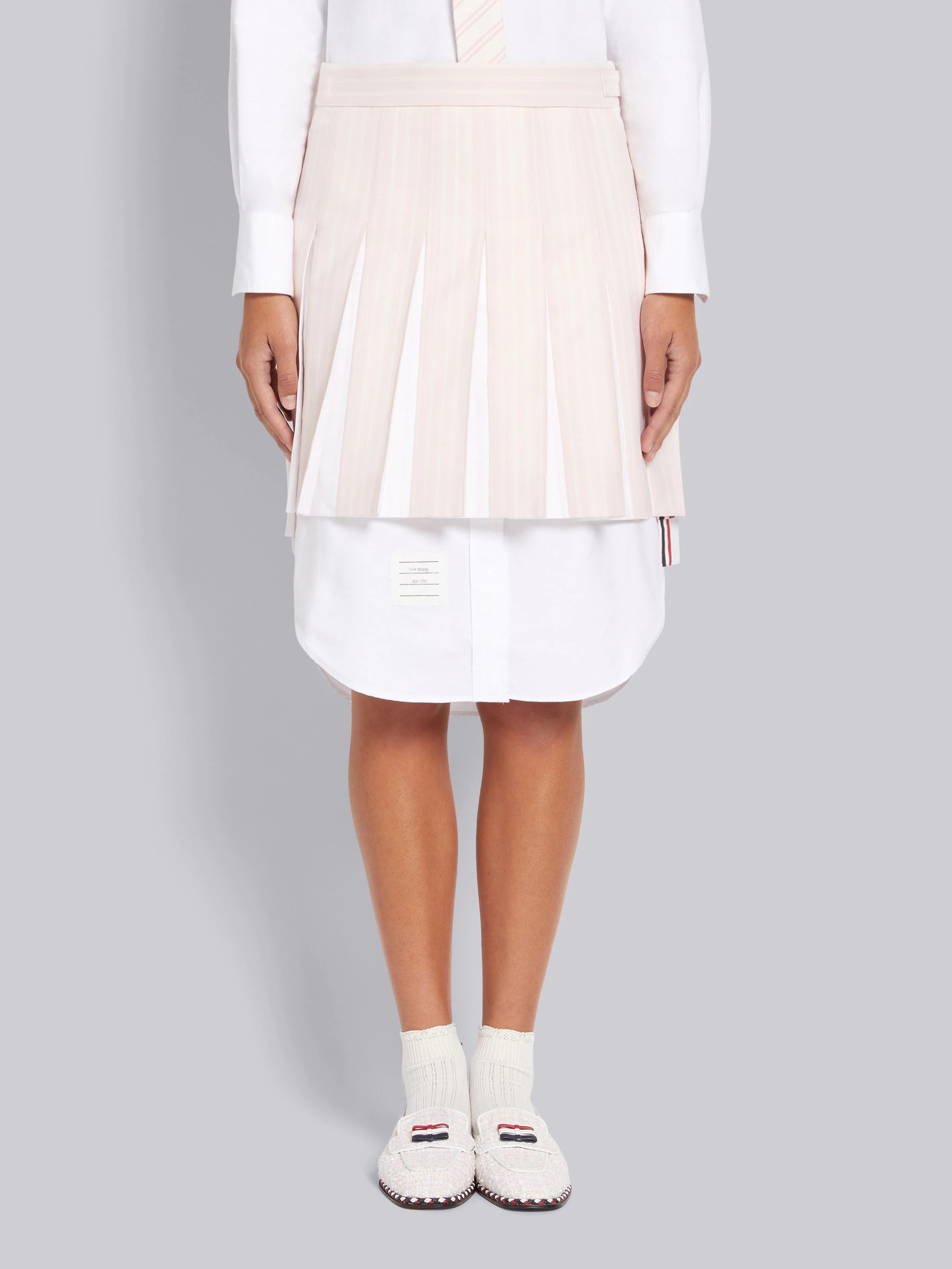 Light Pink Hairline Stripe Twist Yarn Suiting Oxford Pleat Dropped Back Pleated Mini Skirt - 1