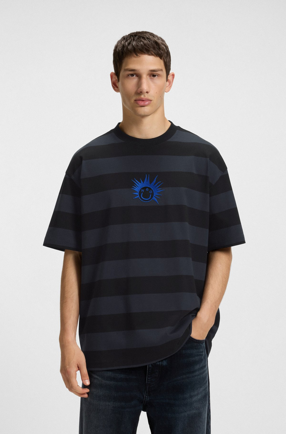 STRIPED-COTTON T-SHIRT WITH HAPPY HUGO LOGO - 2
