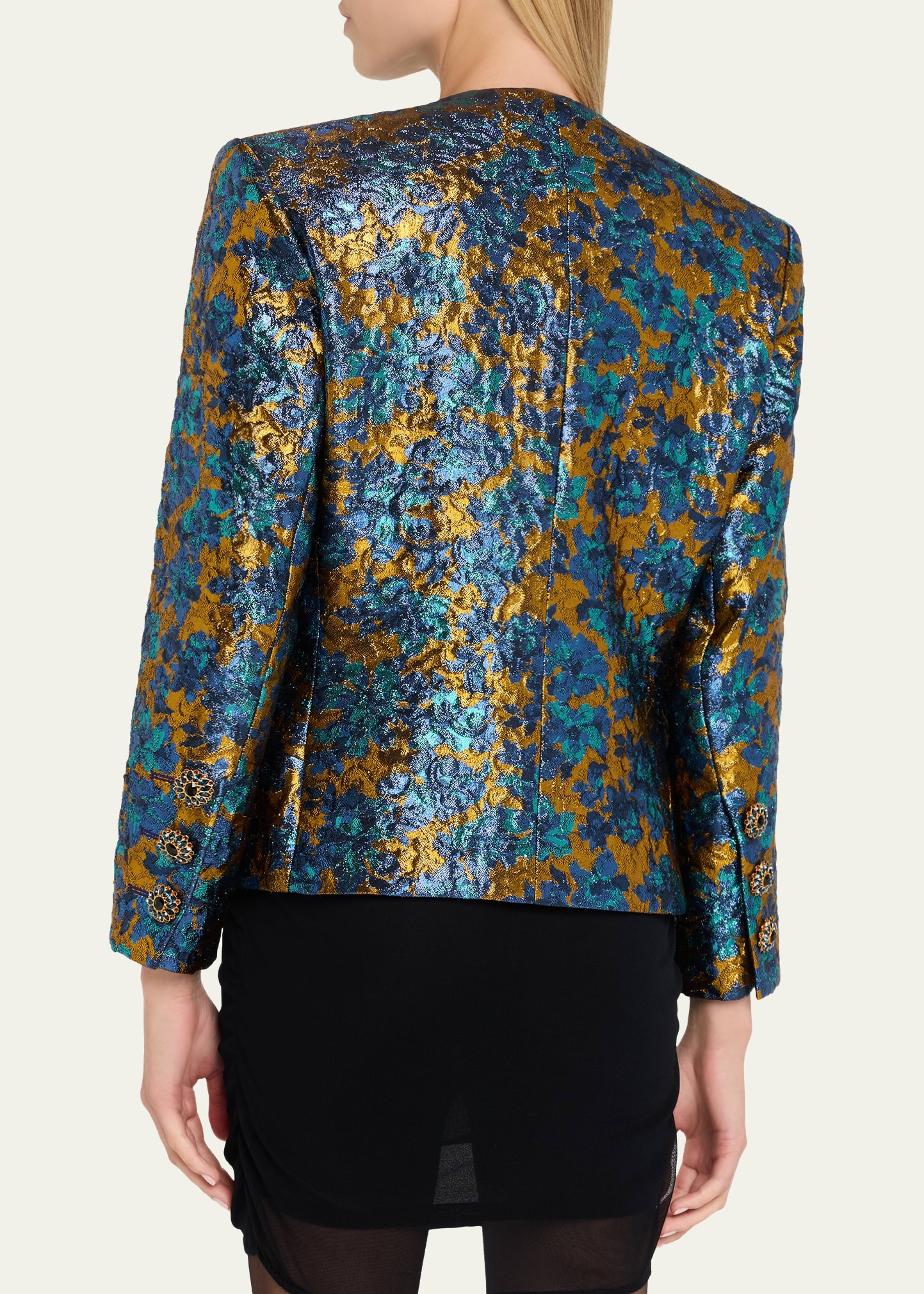 Metallic Floral Brocade Single-Breasted Jacket - 3