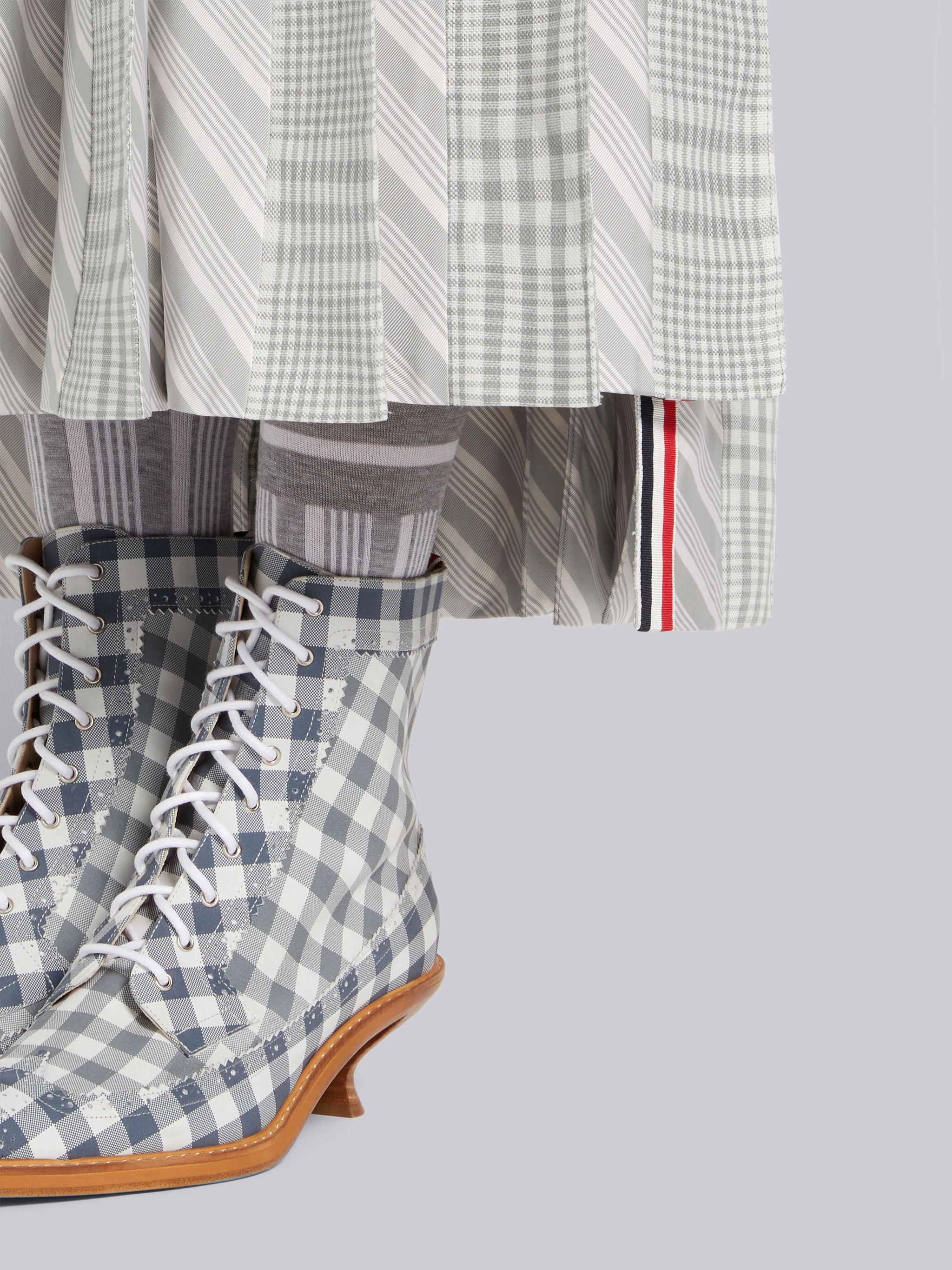 Medium Grey Gingham Crispy Linen Silk Jacquard Pleat Half Pleated Dropped Back Below the Knee Skirt - 5