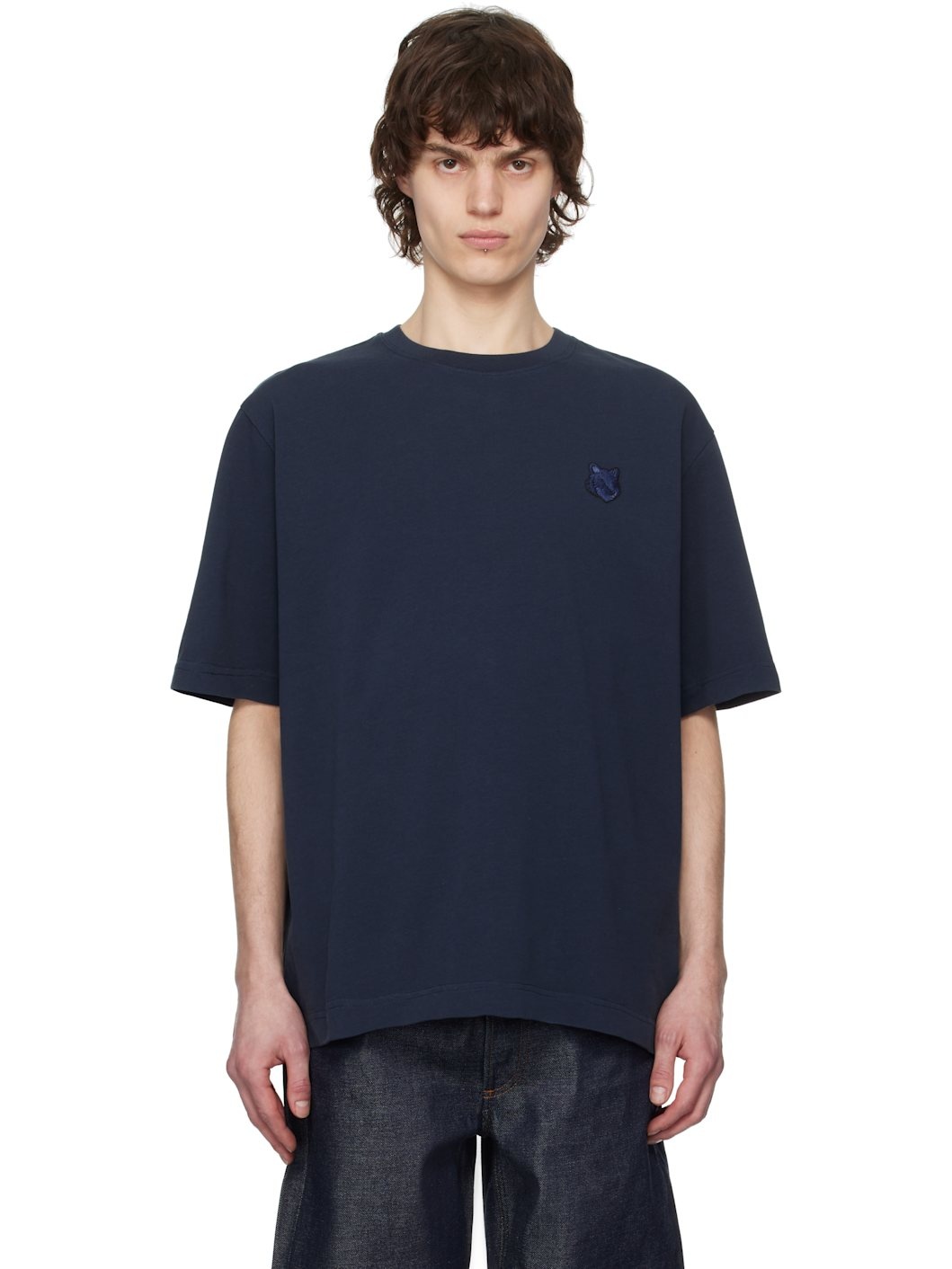 Navy Bold Fox Head Patch Oversize T-shirt - 1