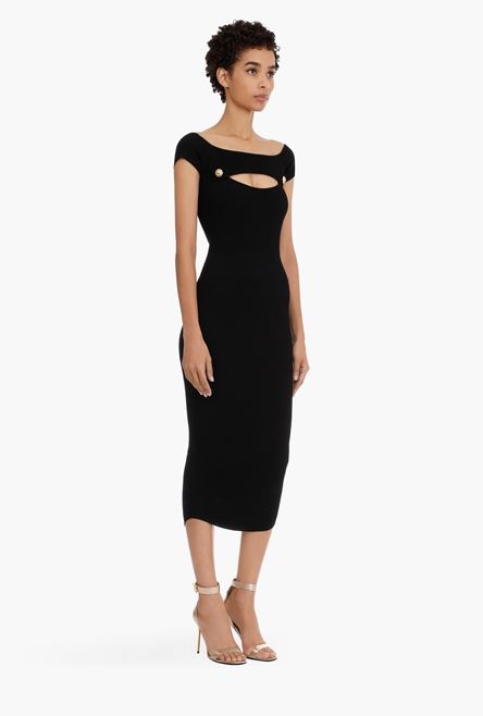 Mid-length black knit openwork dress - 7