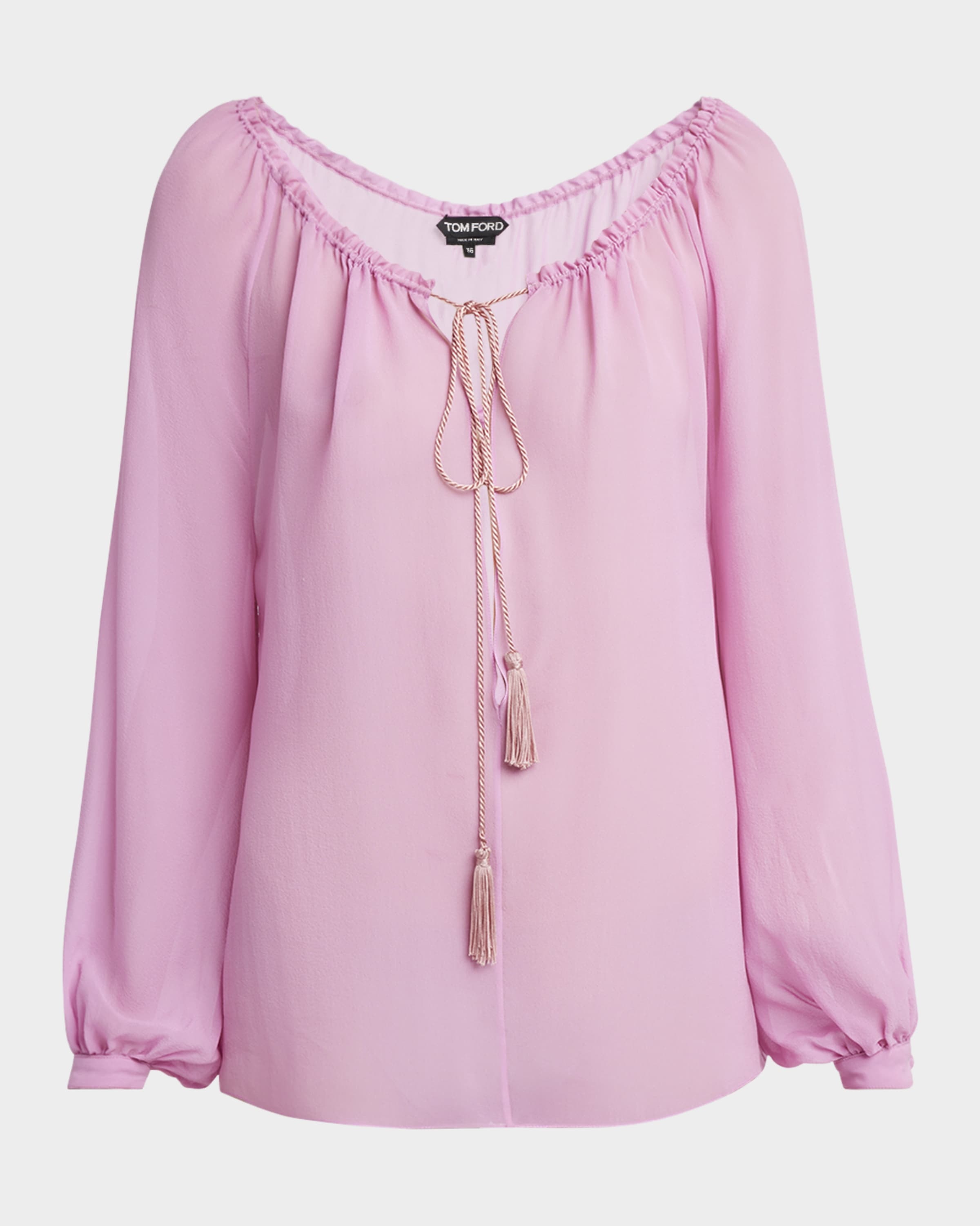 Long-Sleeve Drawstring Silk Georgette Blouse - 2